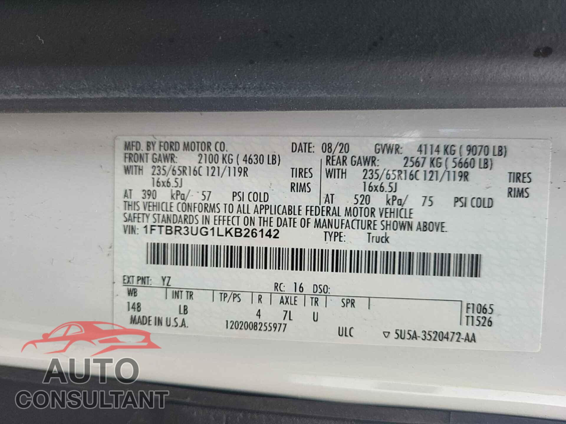 FORD TRANSIT-250 CARGO VAN 2020 - 1FTBR3UG1LKB26142