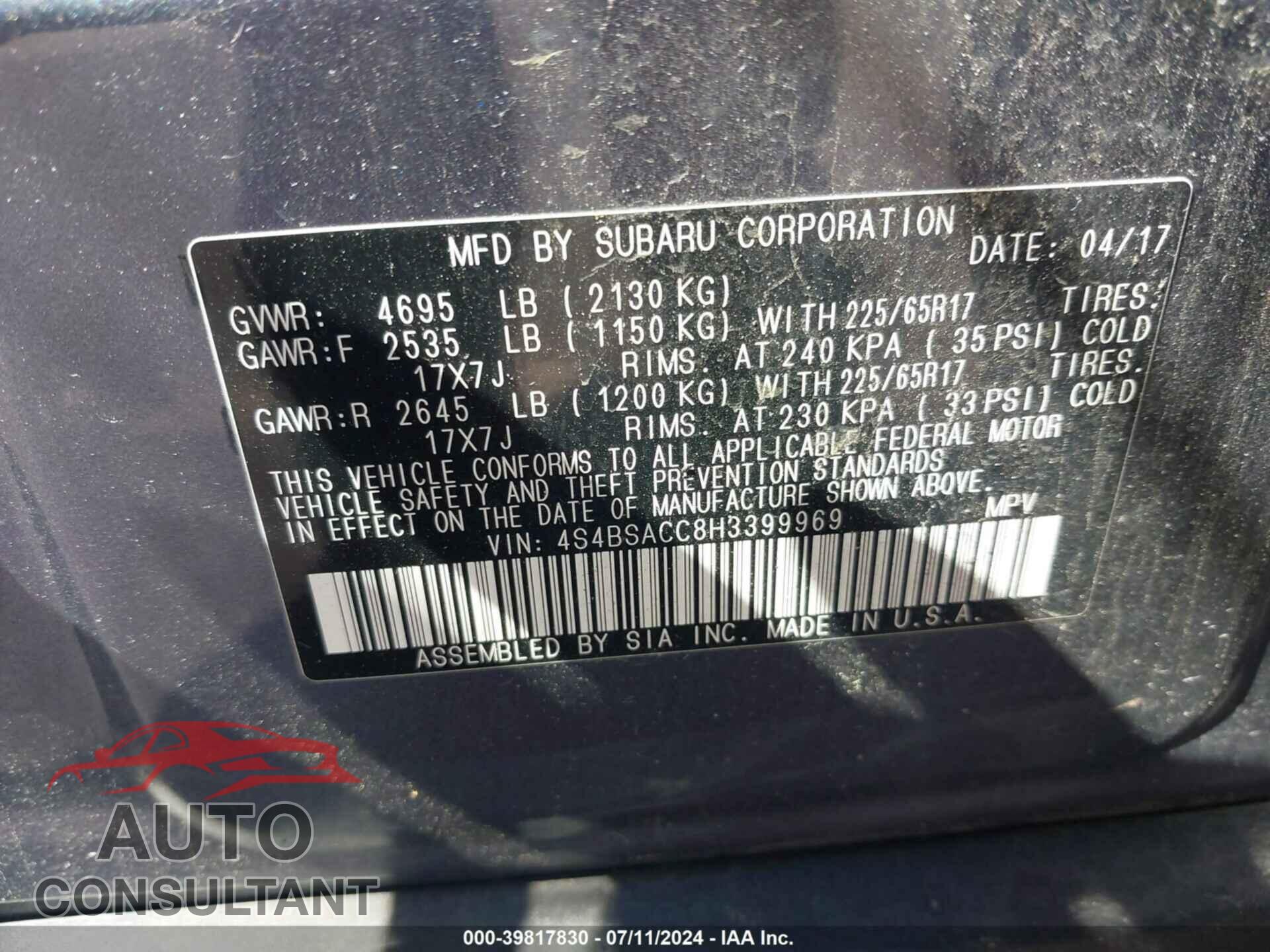 SUBARU OUTBACK 2017 - 4S4BSACC8H3399969