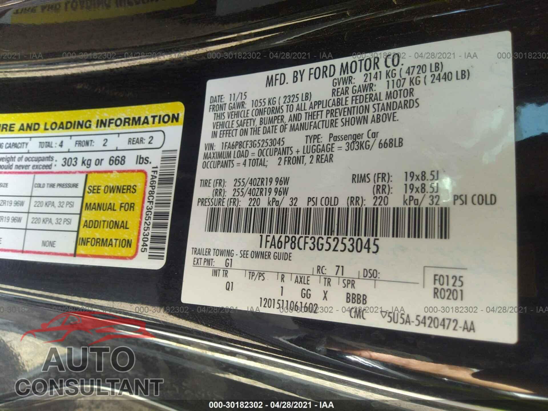 FORD MUSTANG 2016 - 1FA6P8CF3G5253045
