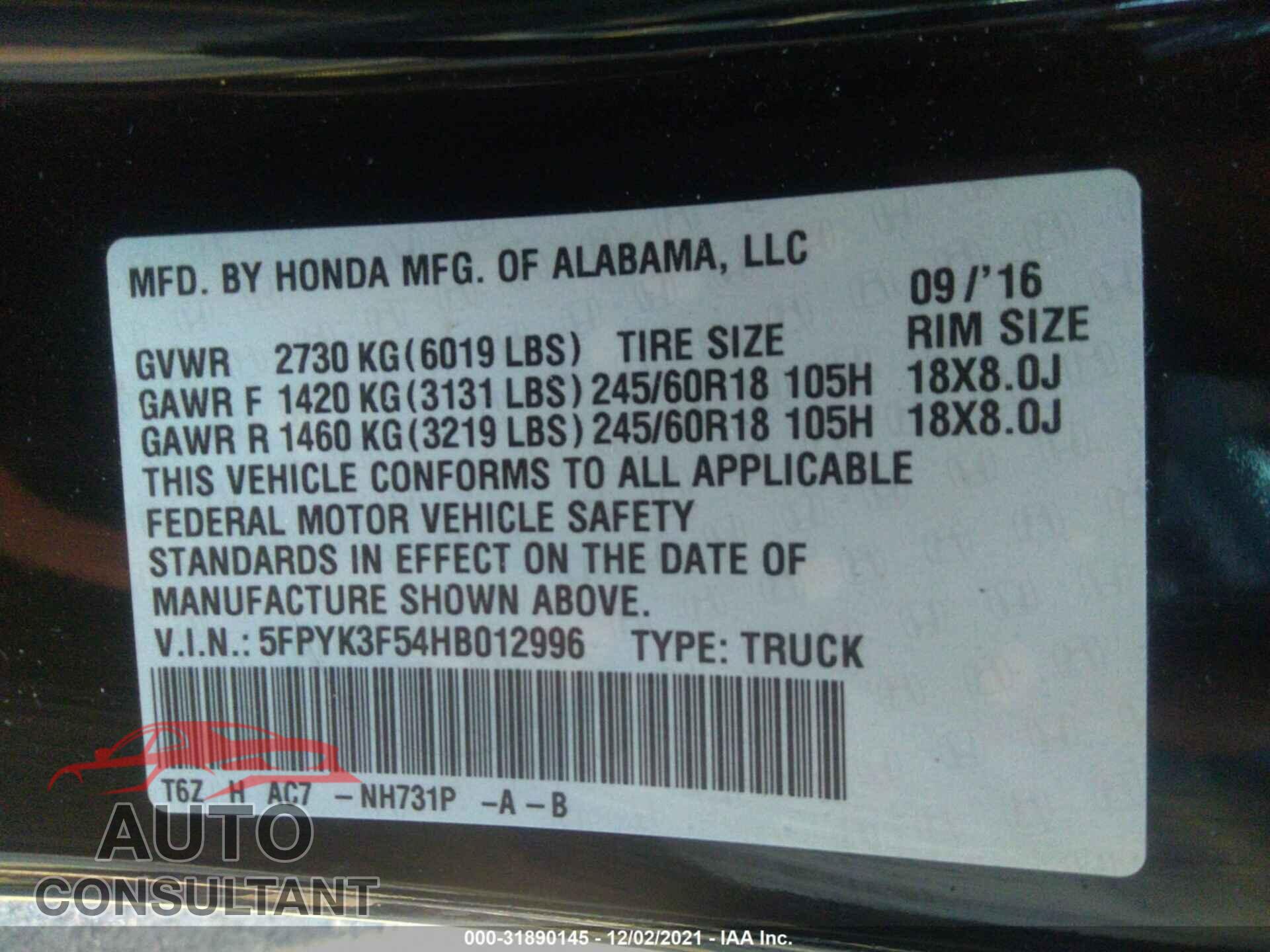 HONDA RIDGELINE 2017 - 5FPYK3F54HB012996
