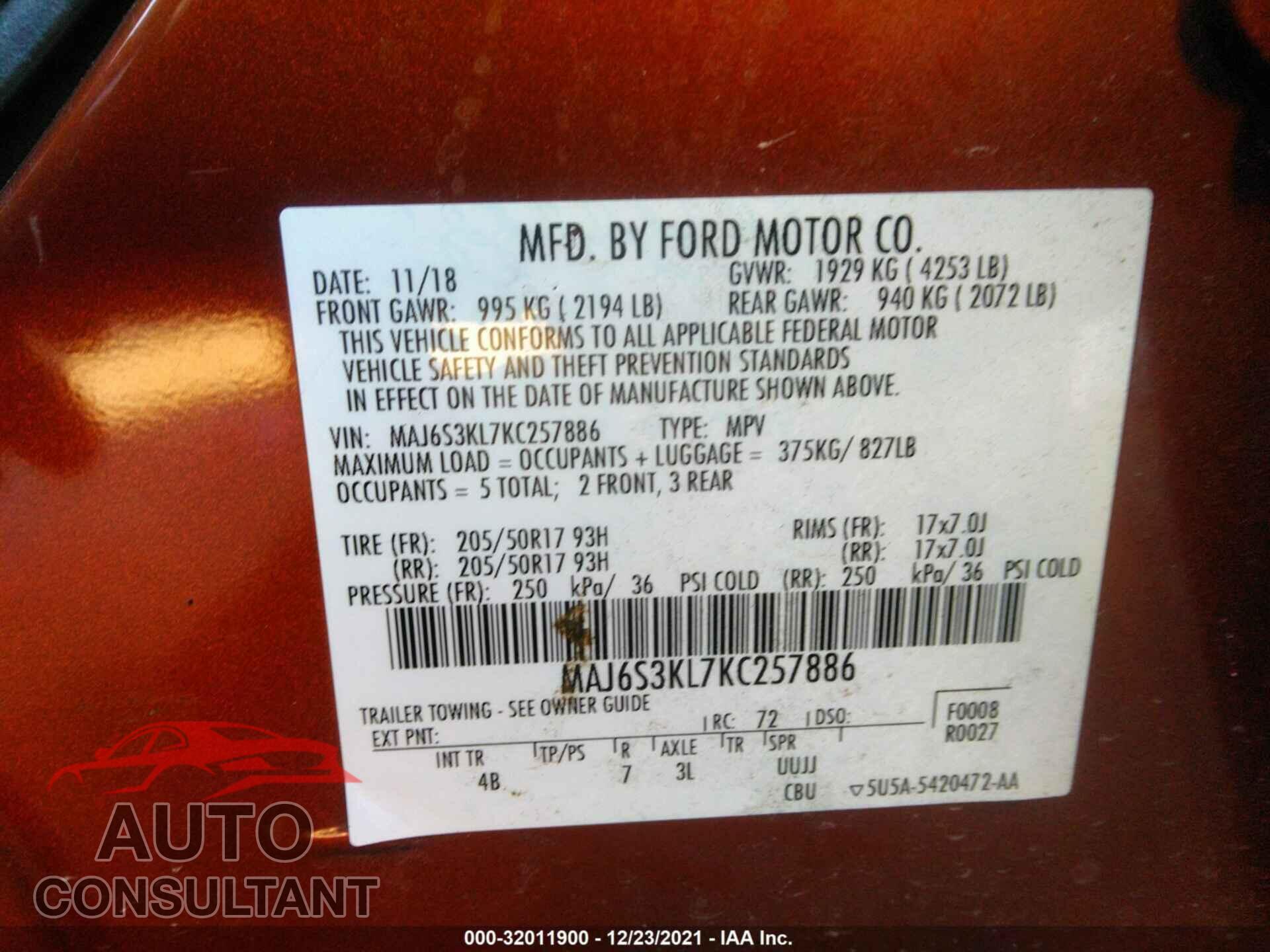 FORD ECOSPORT 2019 - MAJ6S3KL7KC257886