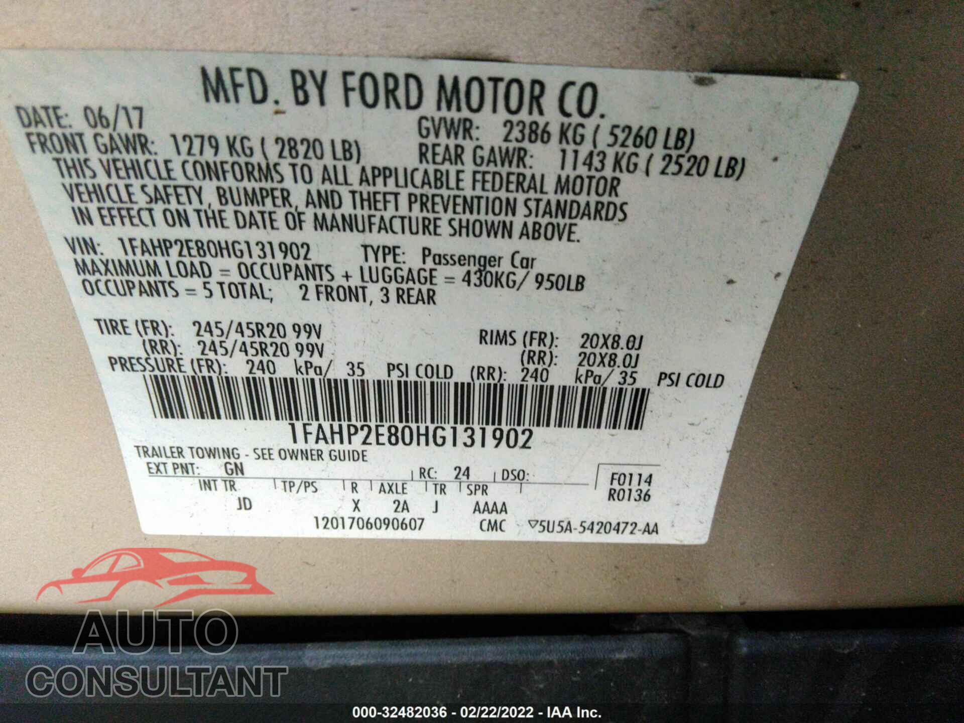 FORD TAURUS 2017 - 1FAHP2E80HG131902