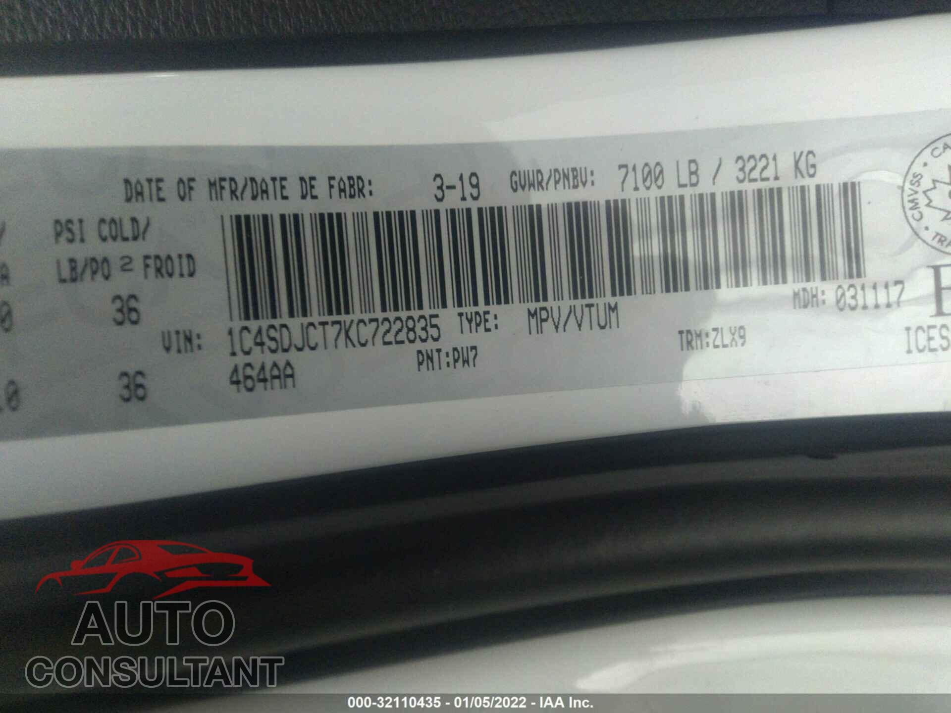 DODGE DURANGO 2019 - 1C4SDJCT7KC722835