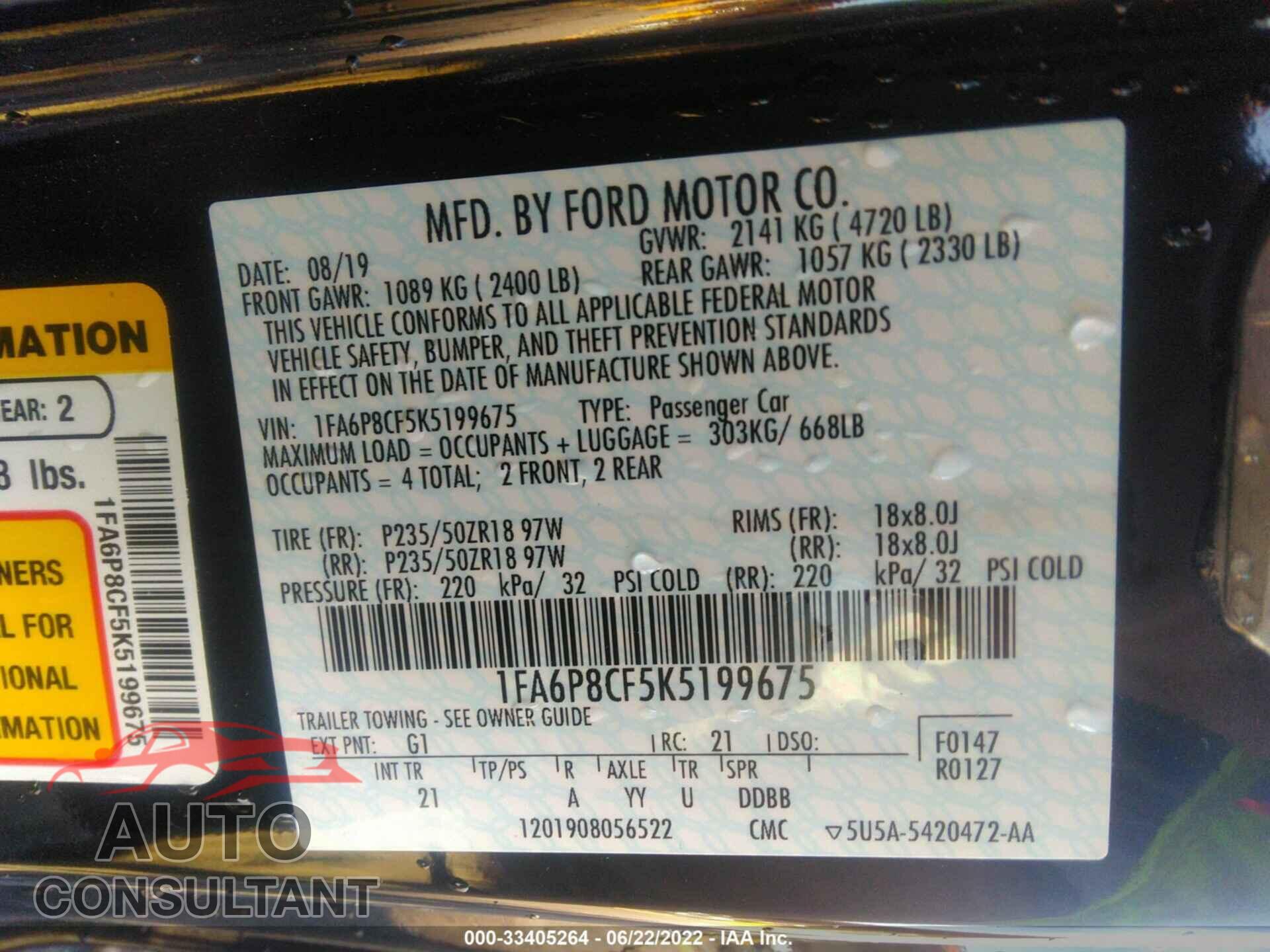 FORD MUSTANG 2019 - 1FA6P8CF5K5199675