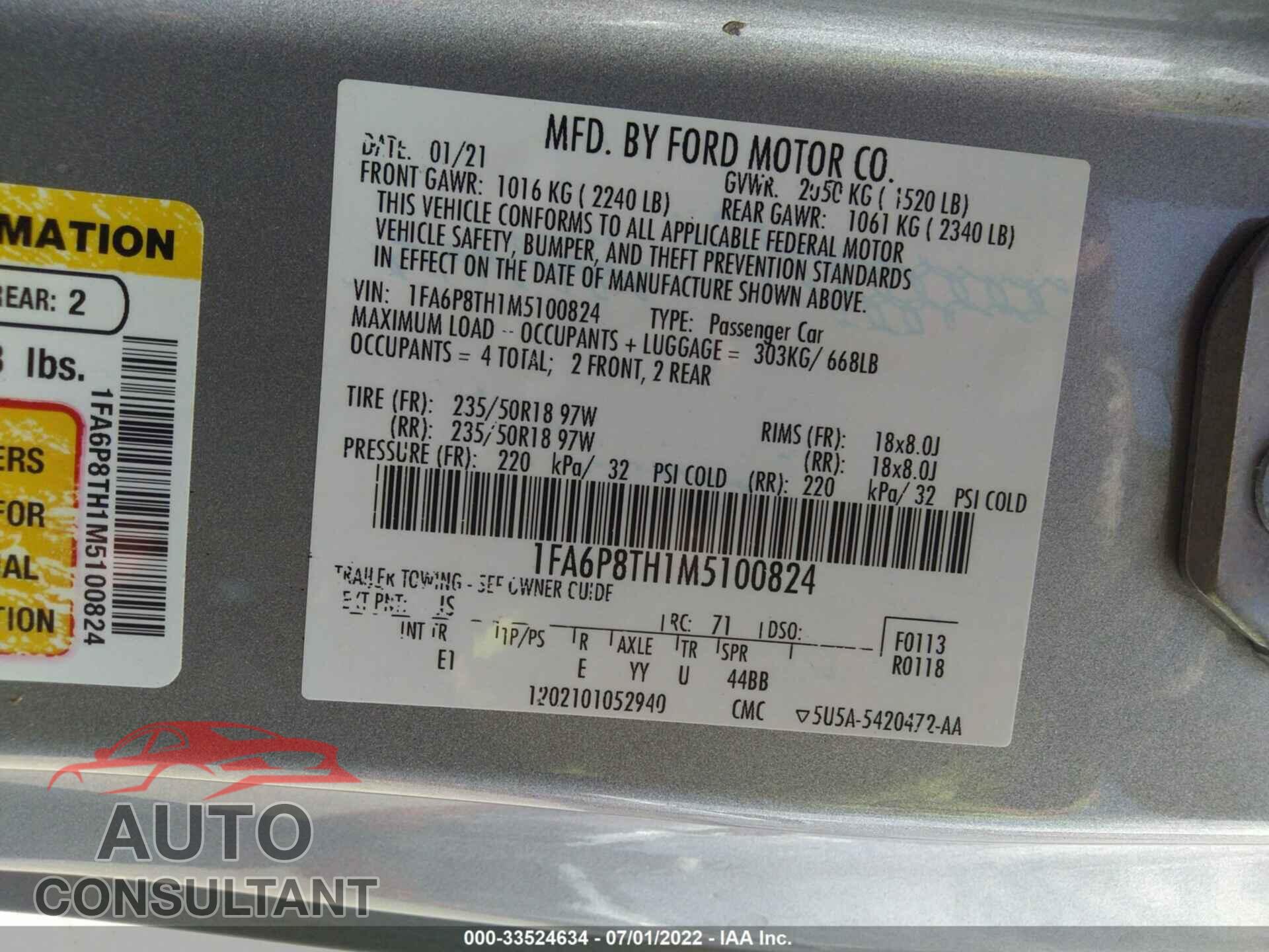 FORD MUSTANG 2021 - 1FA6P8TH1M5100824