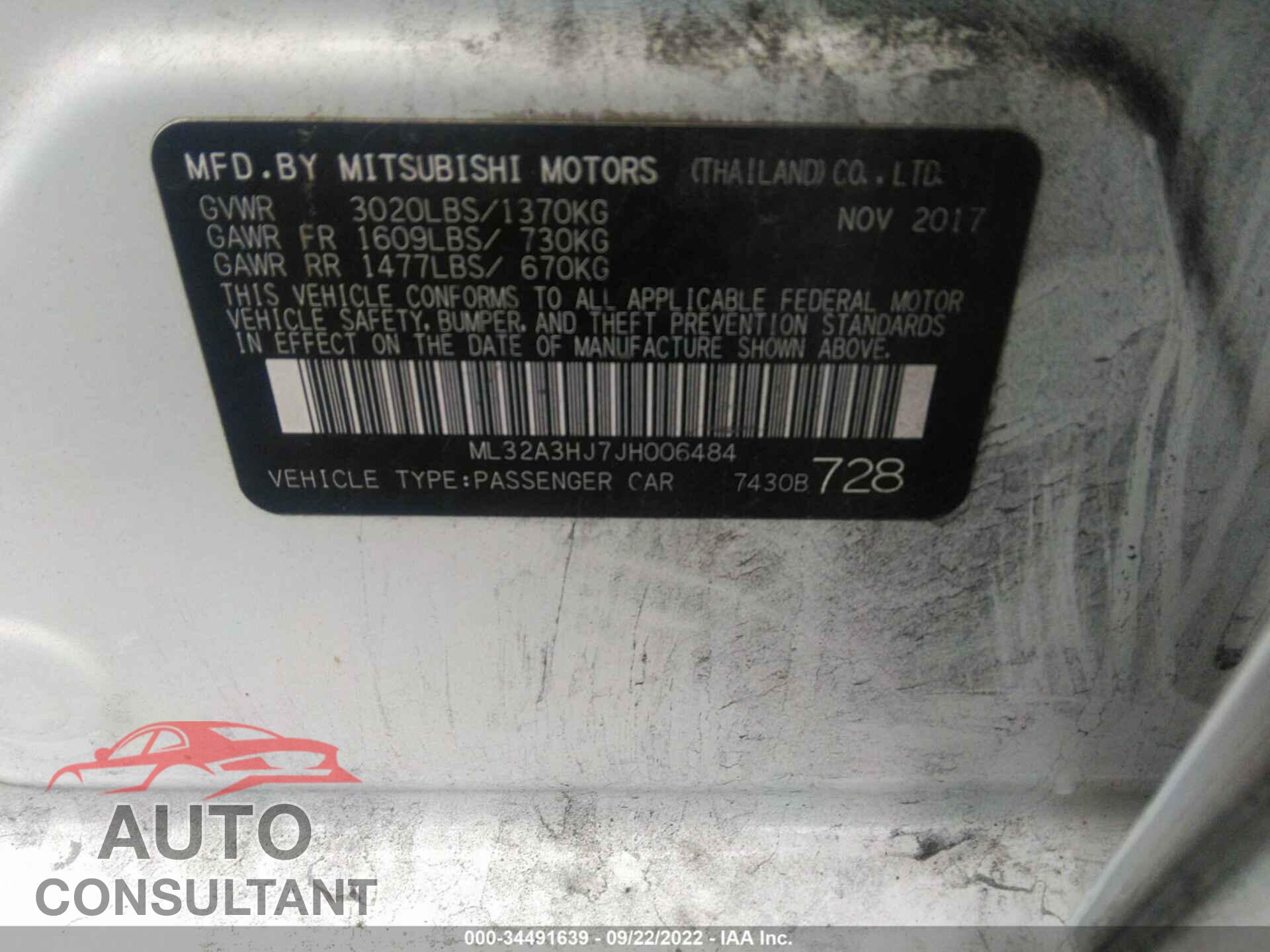 MITSUBISHI MIRAGE 2018 - ML32A3HJ7JH006484