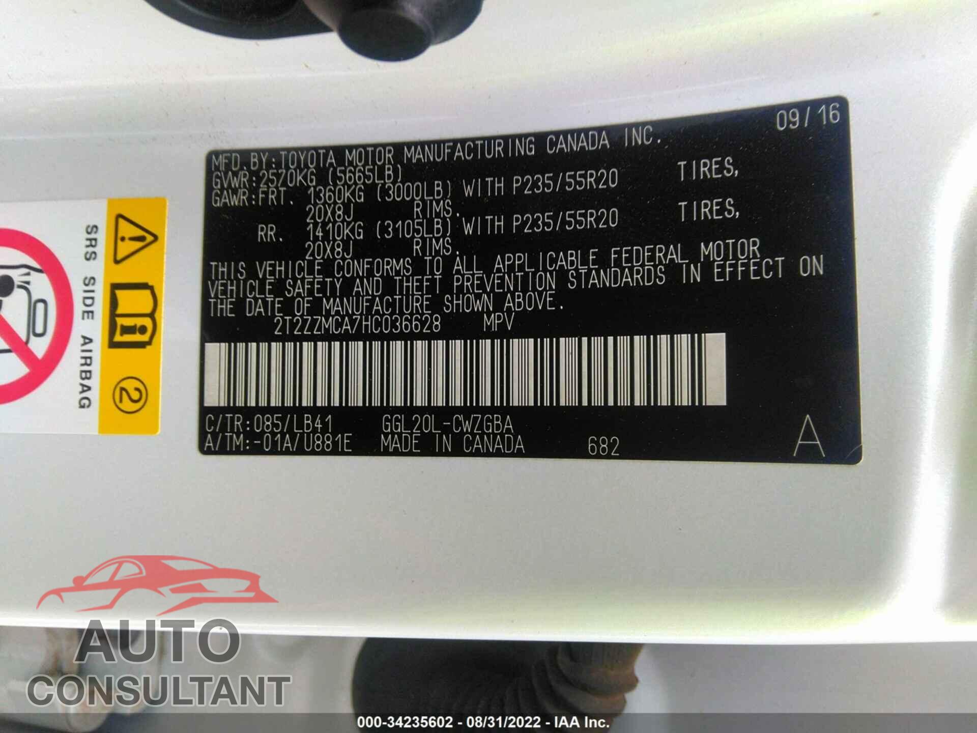 LEXUS RX 2017 - 2T2ZZMCA7HC036628