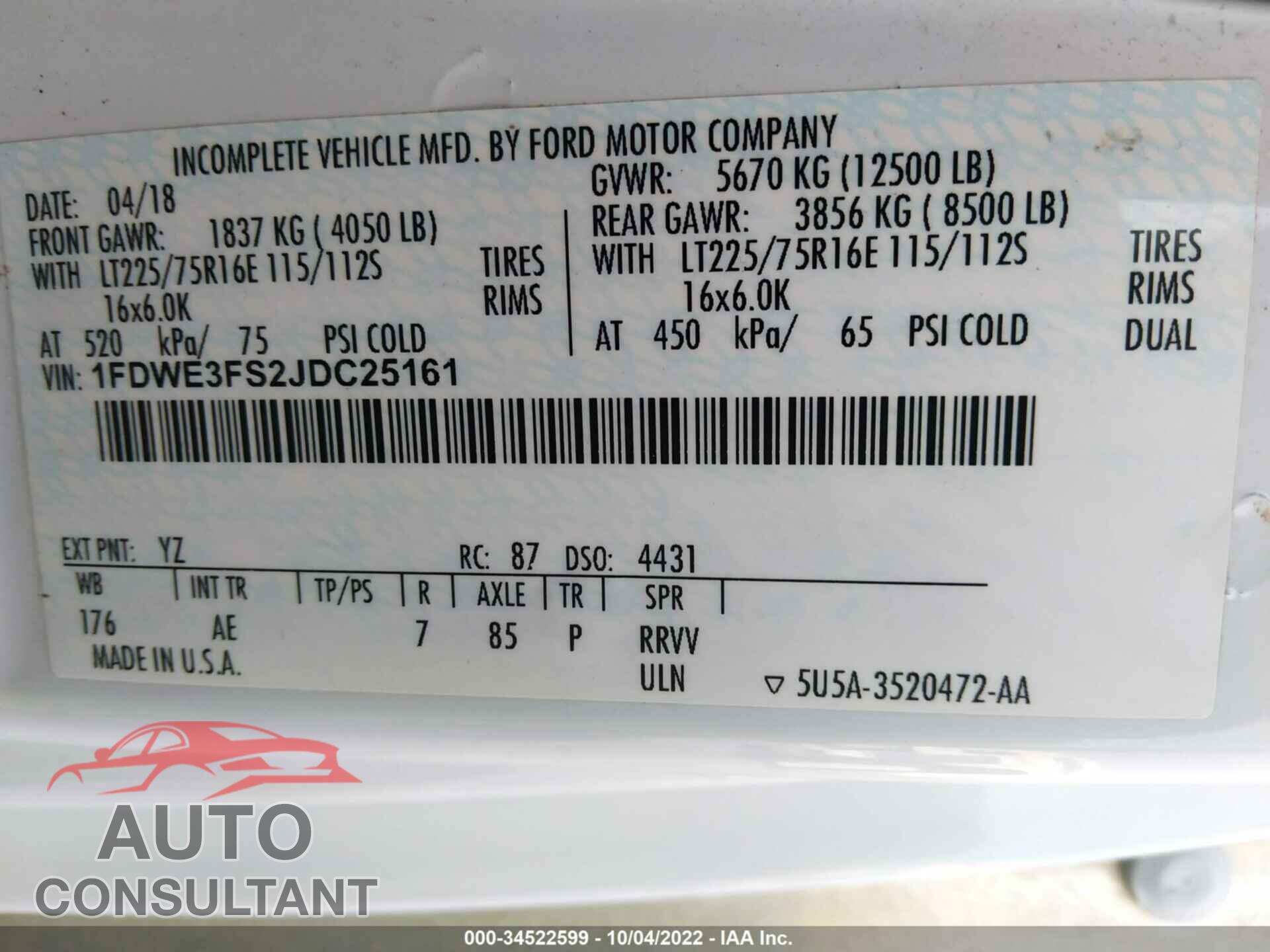 FORD E-SERIES CUTAWAY 2018 - 1FDWE3FS2JDC25161