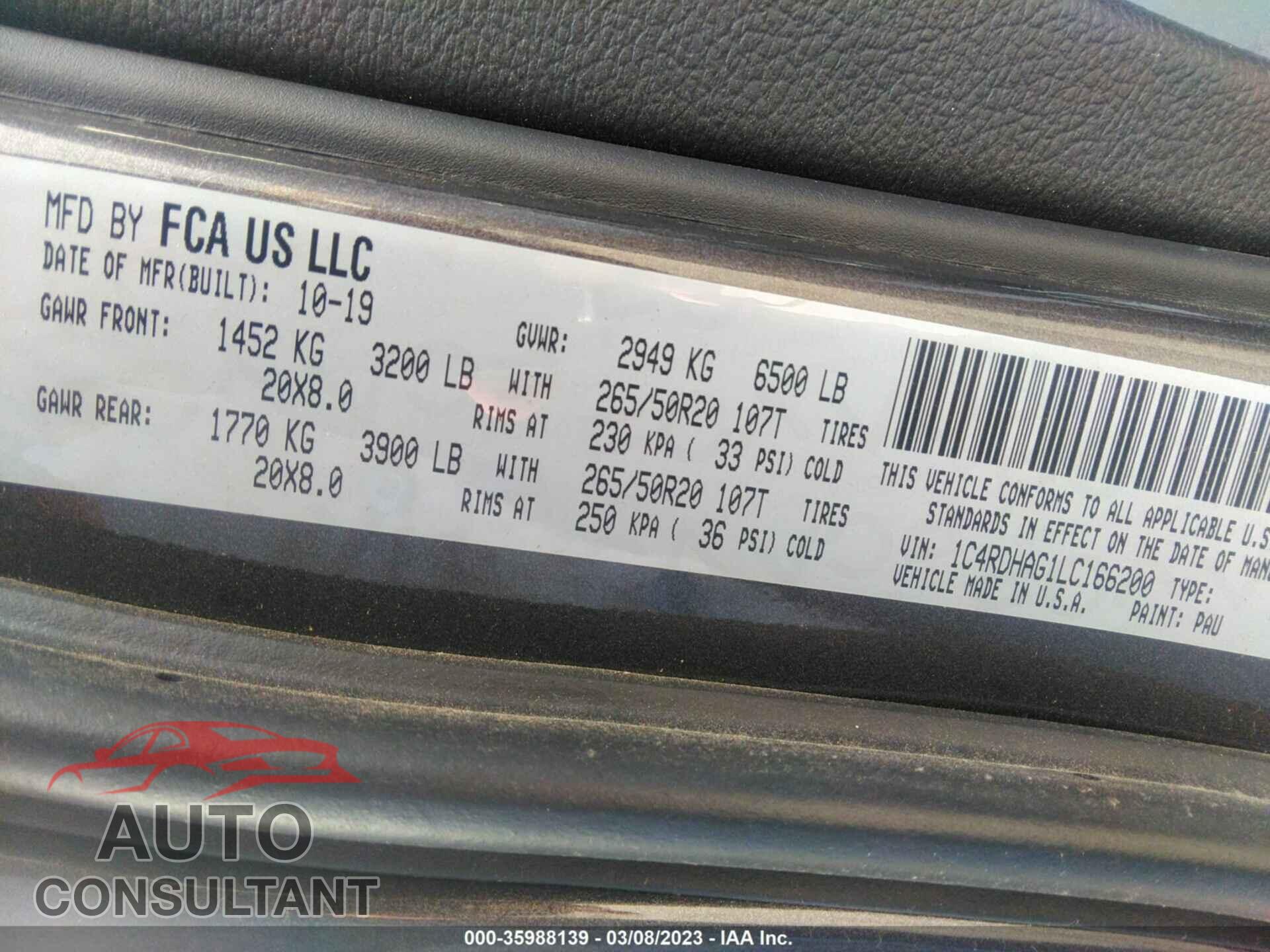 DODGE DURANGO 2020 - 1C4RDHAG1LC166200