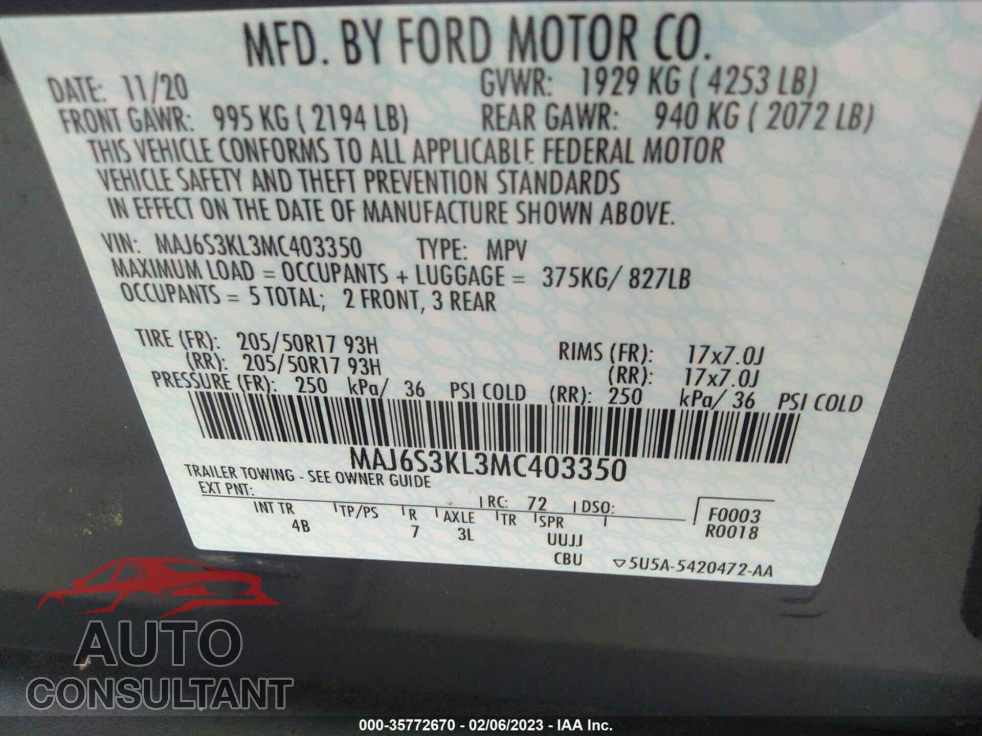 FORD ECOSPORT 2021 - MAJ6S3KL3MC403350