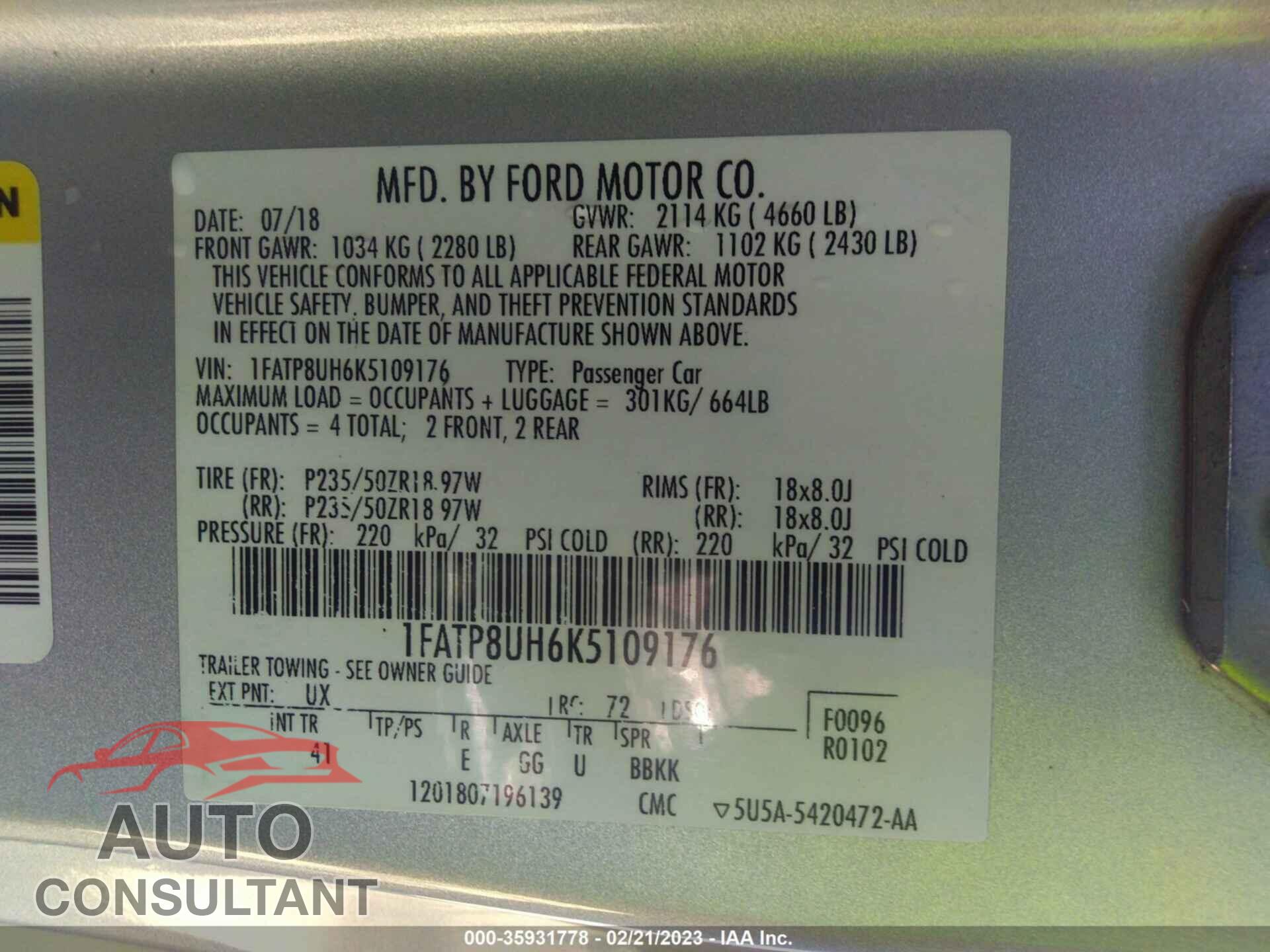 FORD MUSTANG 2019 - 1FATP8UH6K5109176