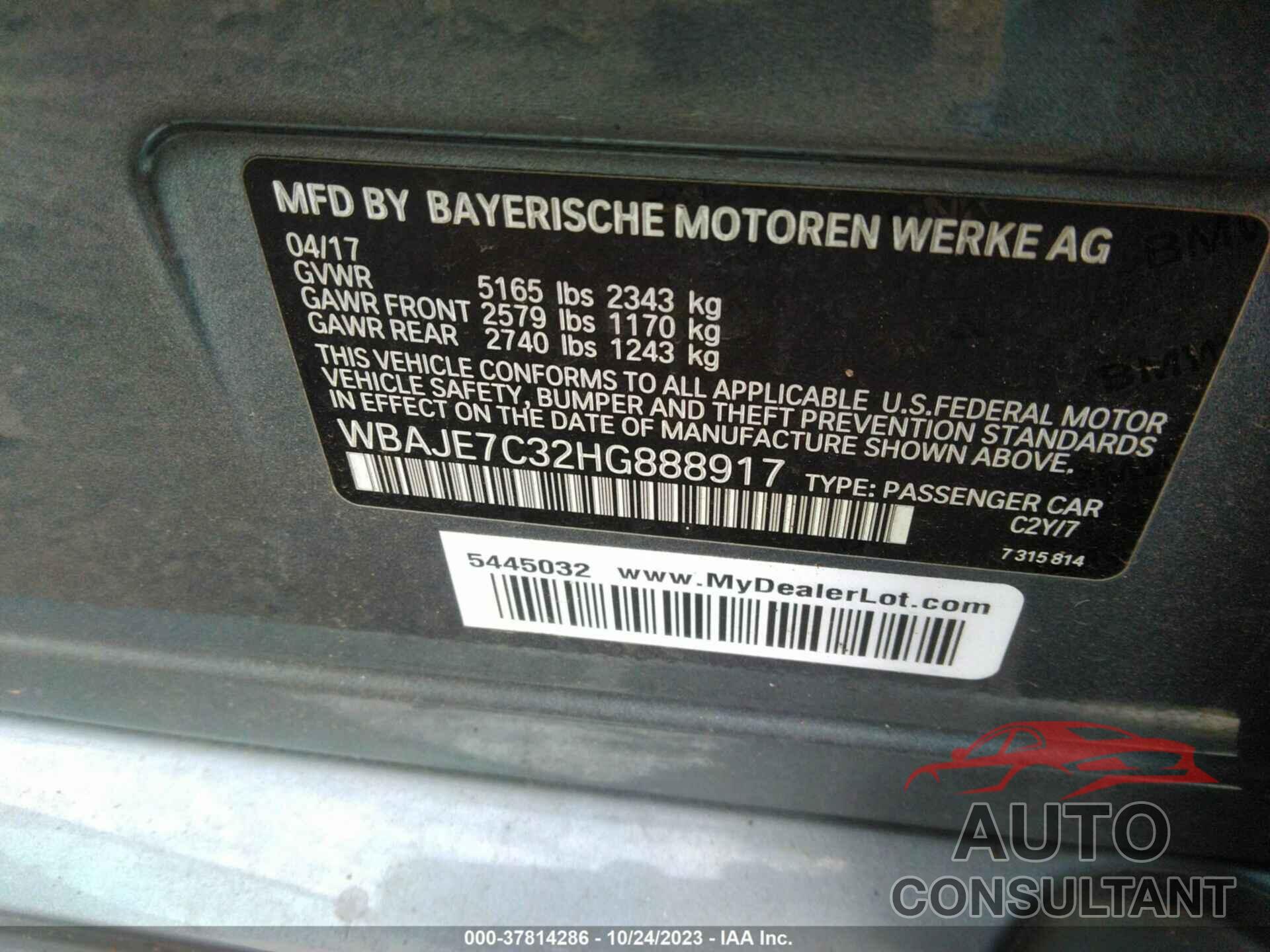 BMW 5 SERIES 2017 - WBAJE7C32HG888917