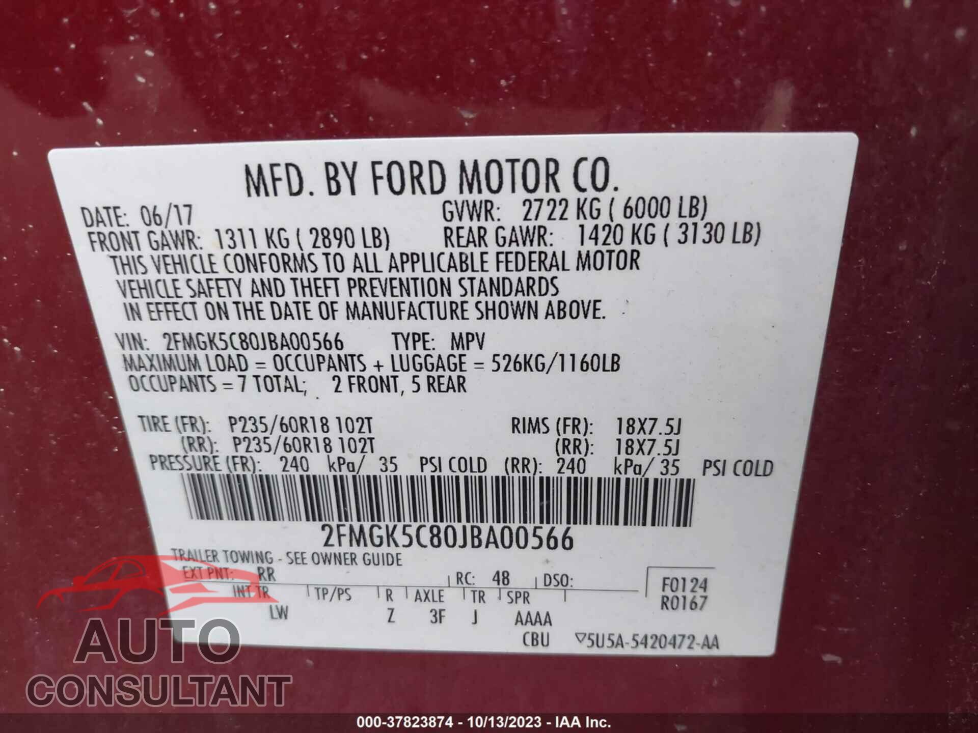 FORD FLEX 2018 - 2FMGK5C80JBA00566