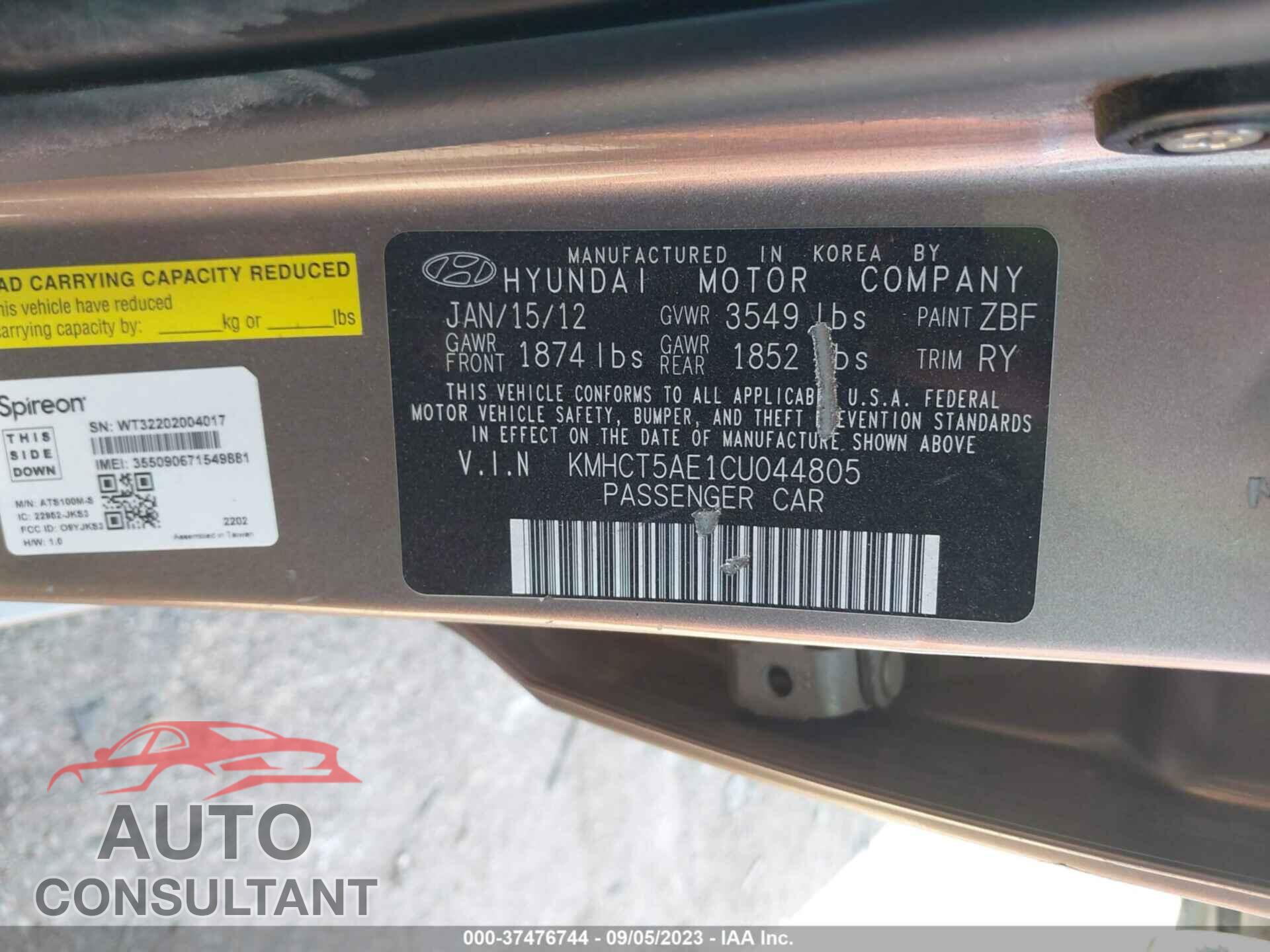 HYUNDAI ACCENT 2012 - KMHCT5AE1CU044805