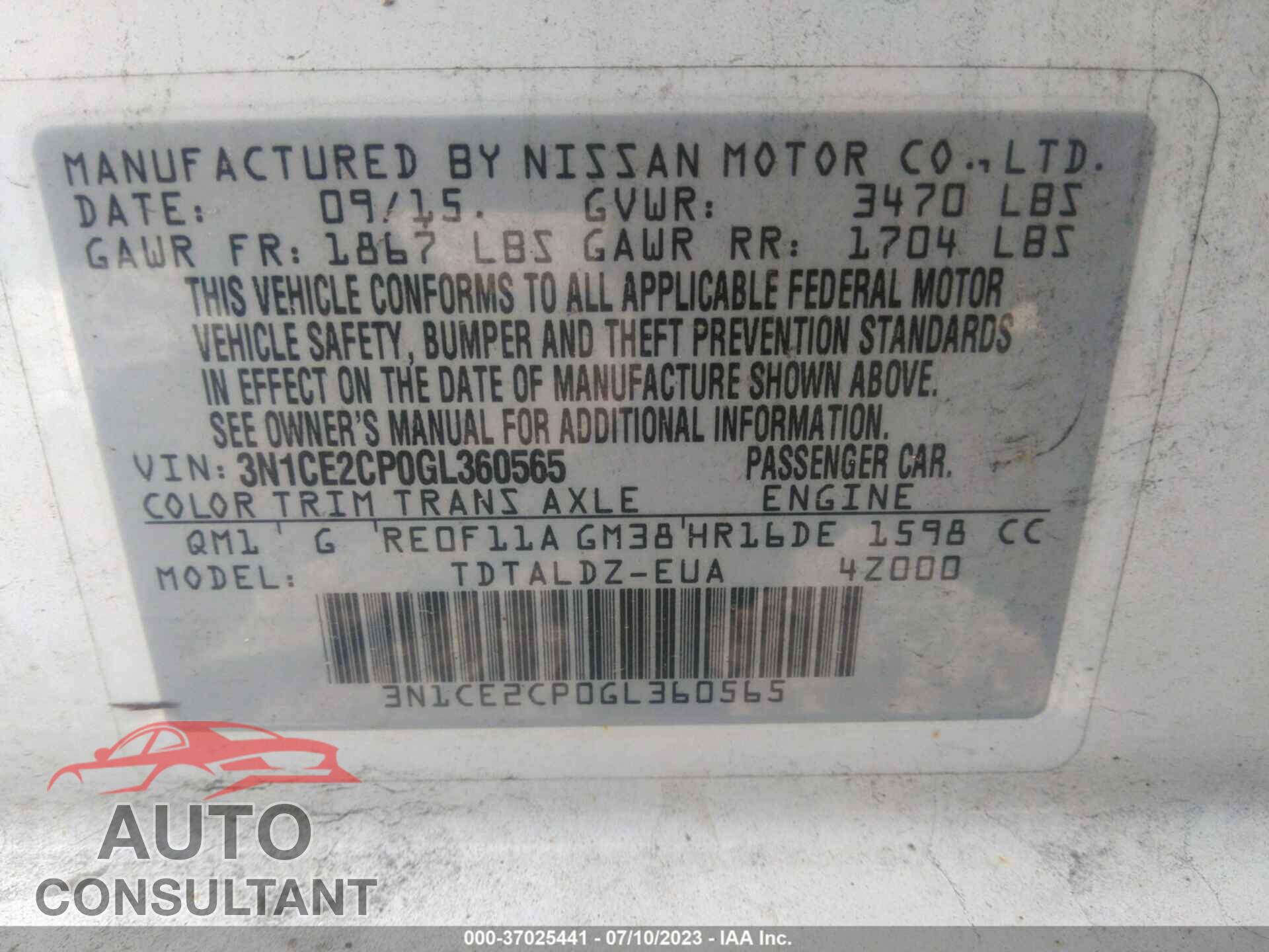 NISSAN VERSA NOTE 2016 - 3N1CE2CP0GL360565