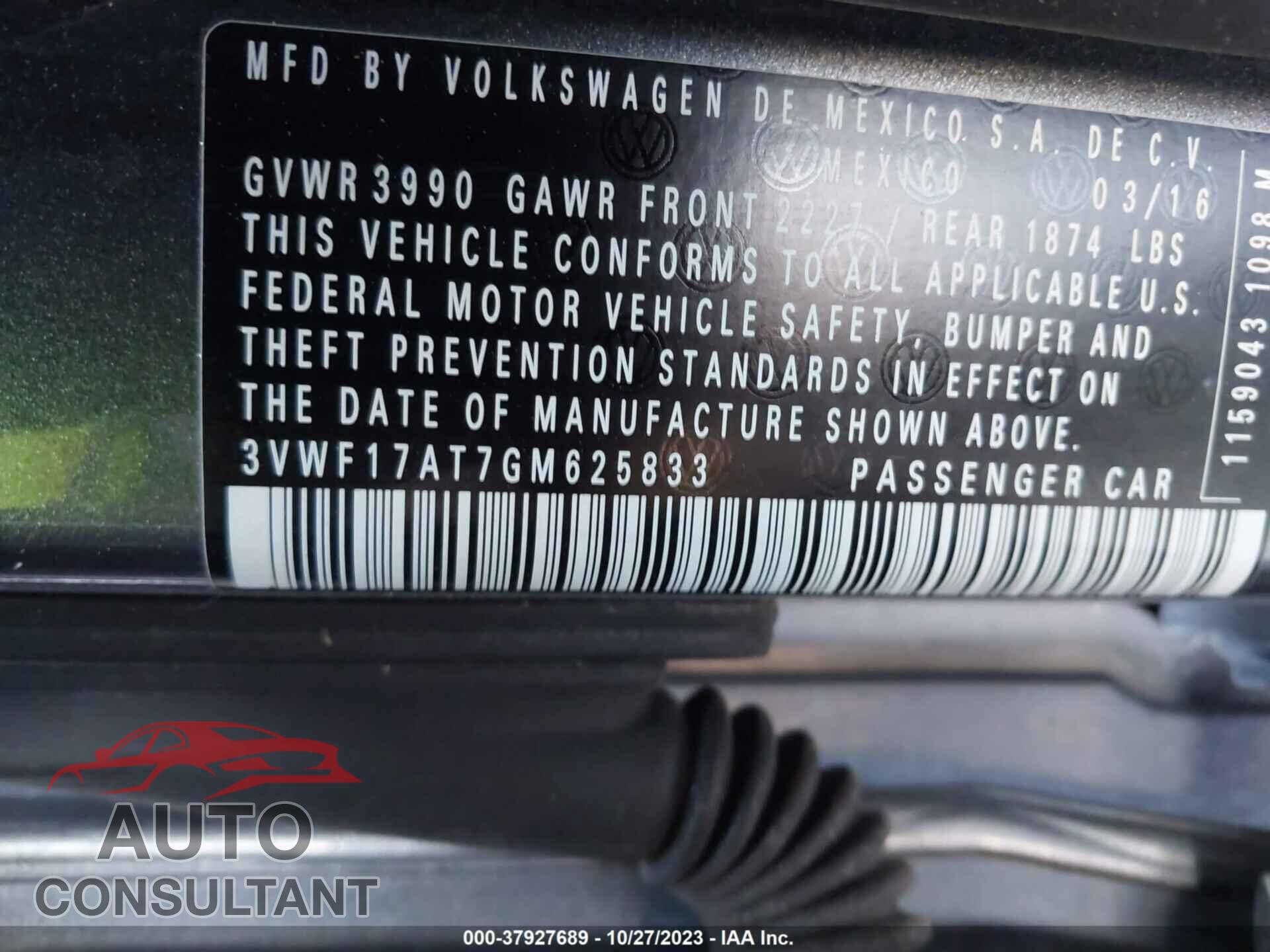 VOLKSWAGEN BEETLE 2016 - 3VWF17AT7GM625833