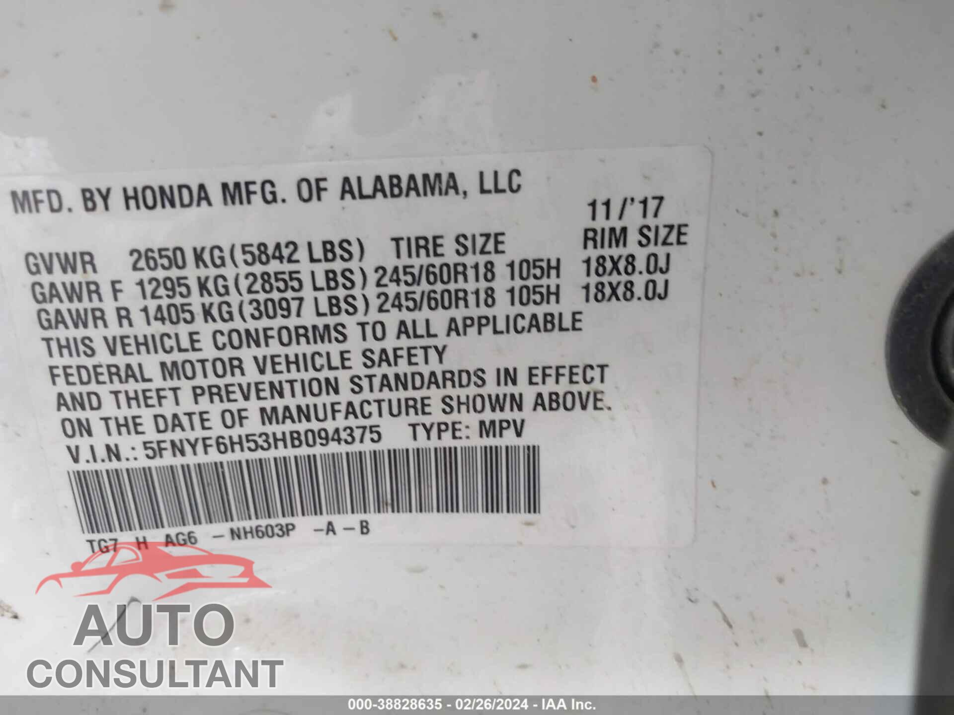 HONDA PILOT 2017 - 5FNYF6H53HB094375