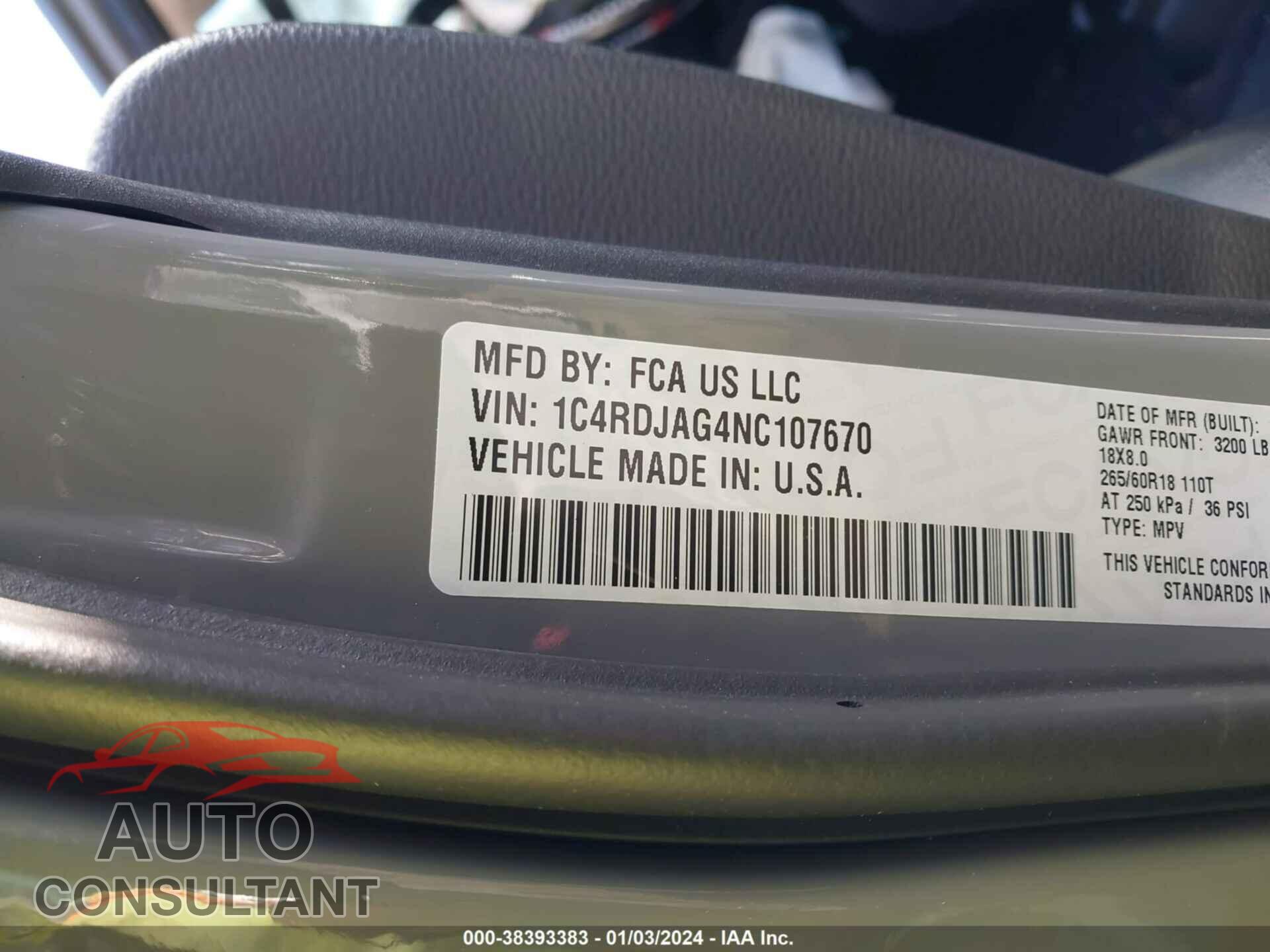 DODGE DURANGO 2022 - 1C4RDJAG4NC107670