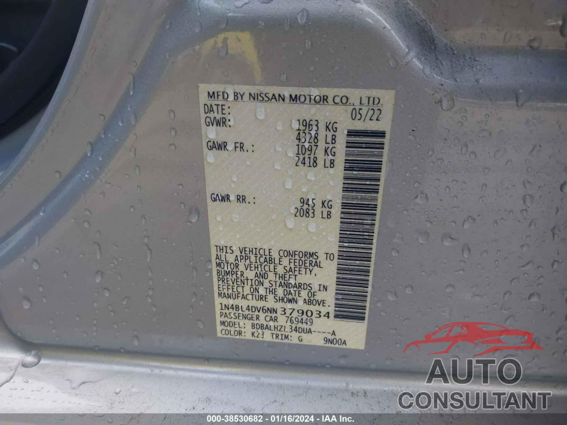 NISSAN ALTIMA 2022 - 1N4BL4DV6NN379034