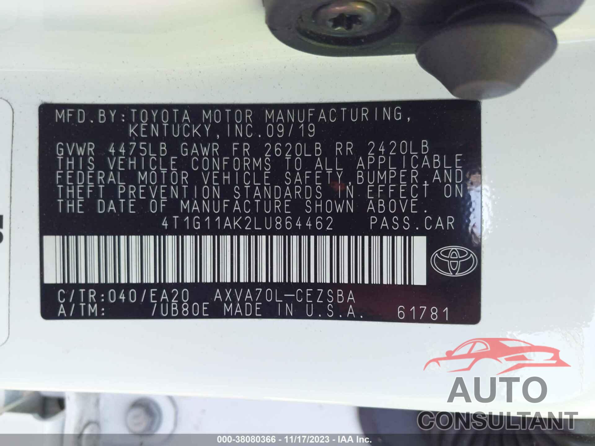 TOYOTA CAMRY 2020 - 4T1G11AK2LU864462