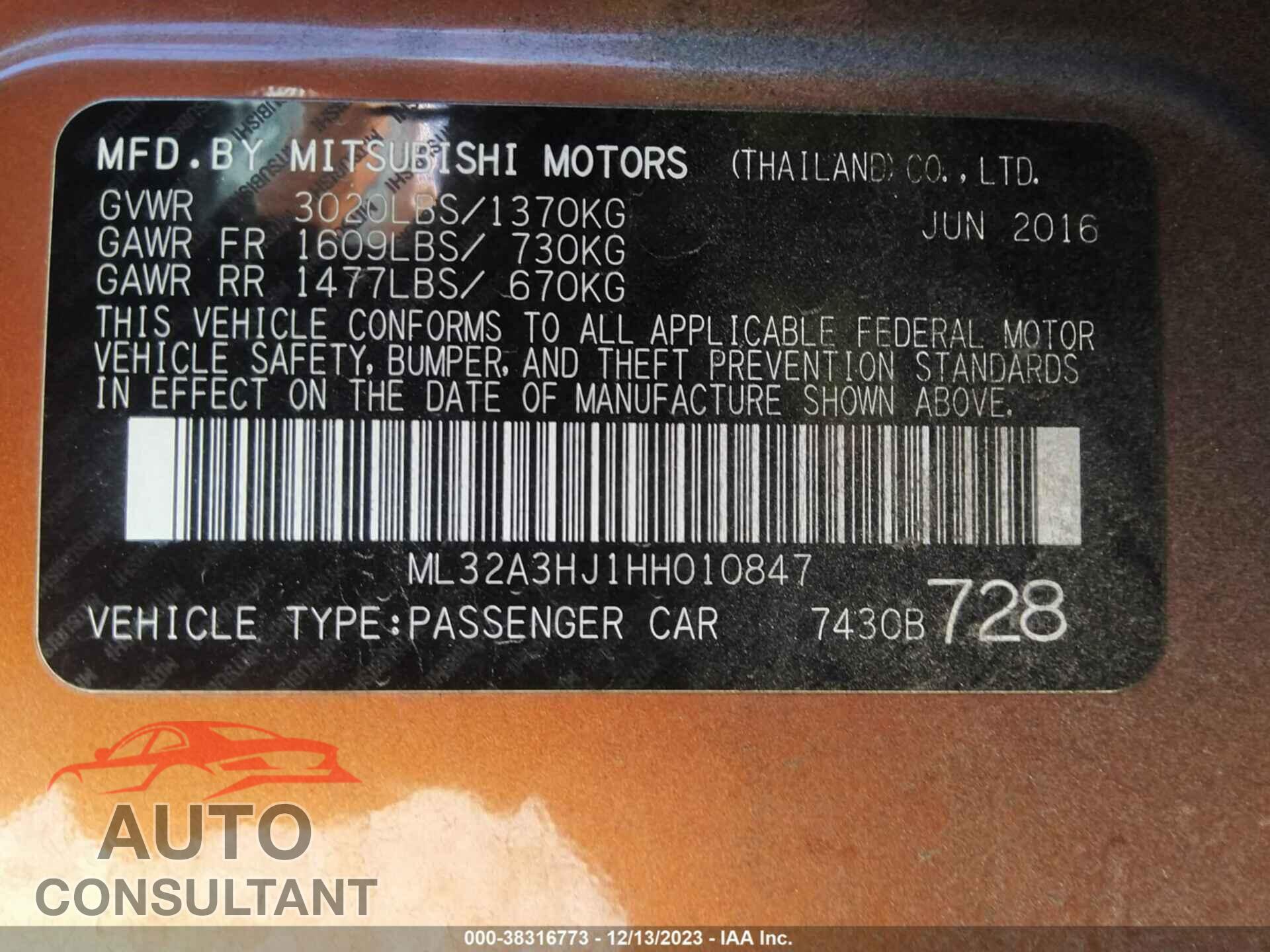 MITSUBISHI MIRAGE 2017 - ML32A3HJ1HH010847