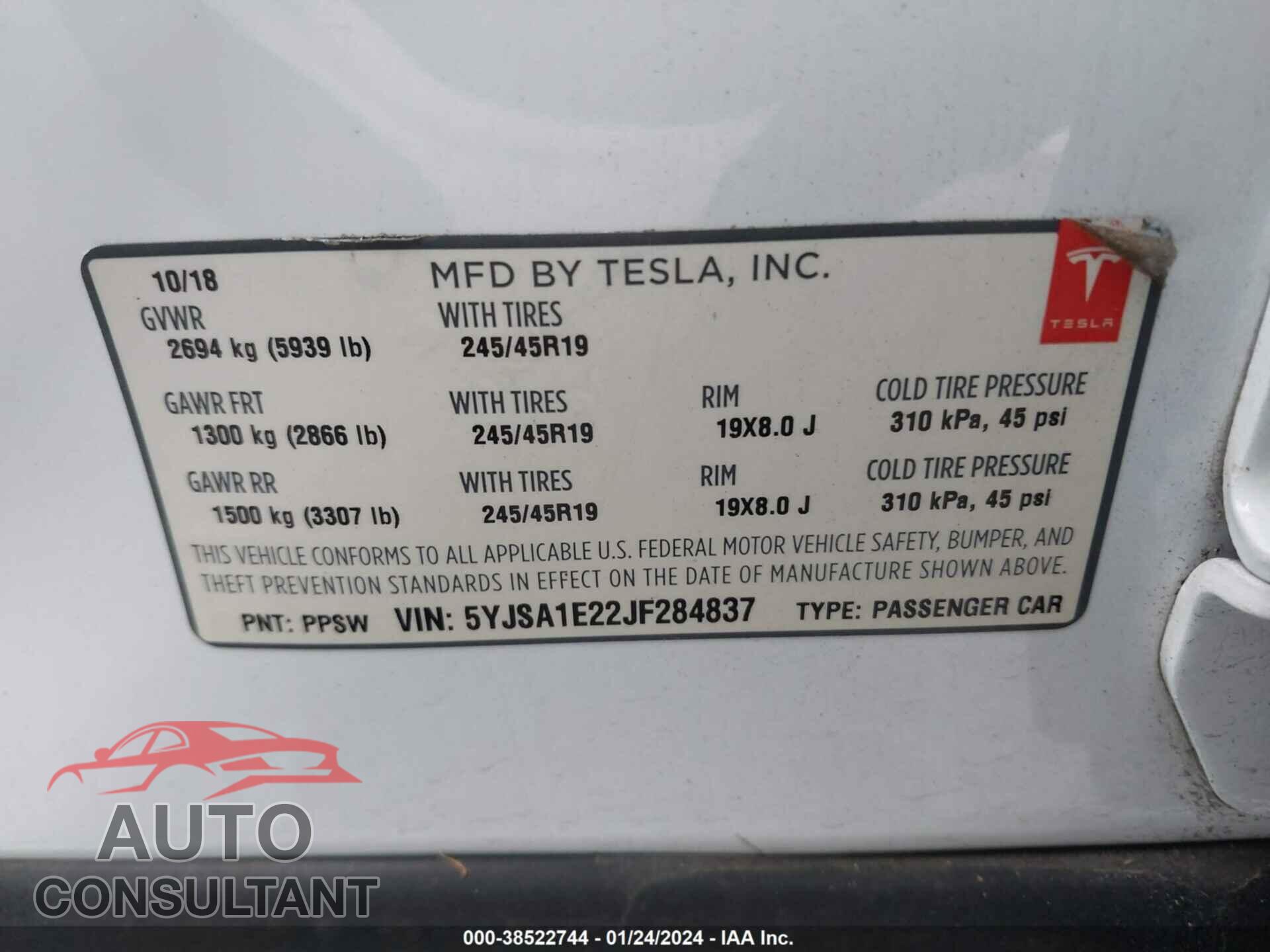 TESLA MODEL S 2018 - 5YJSA1E22JF284837