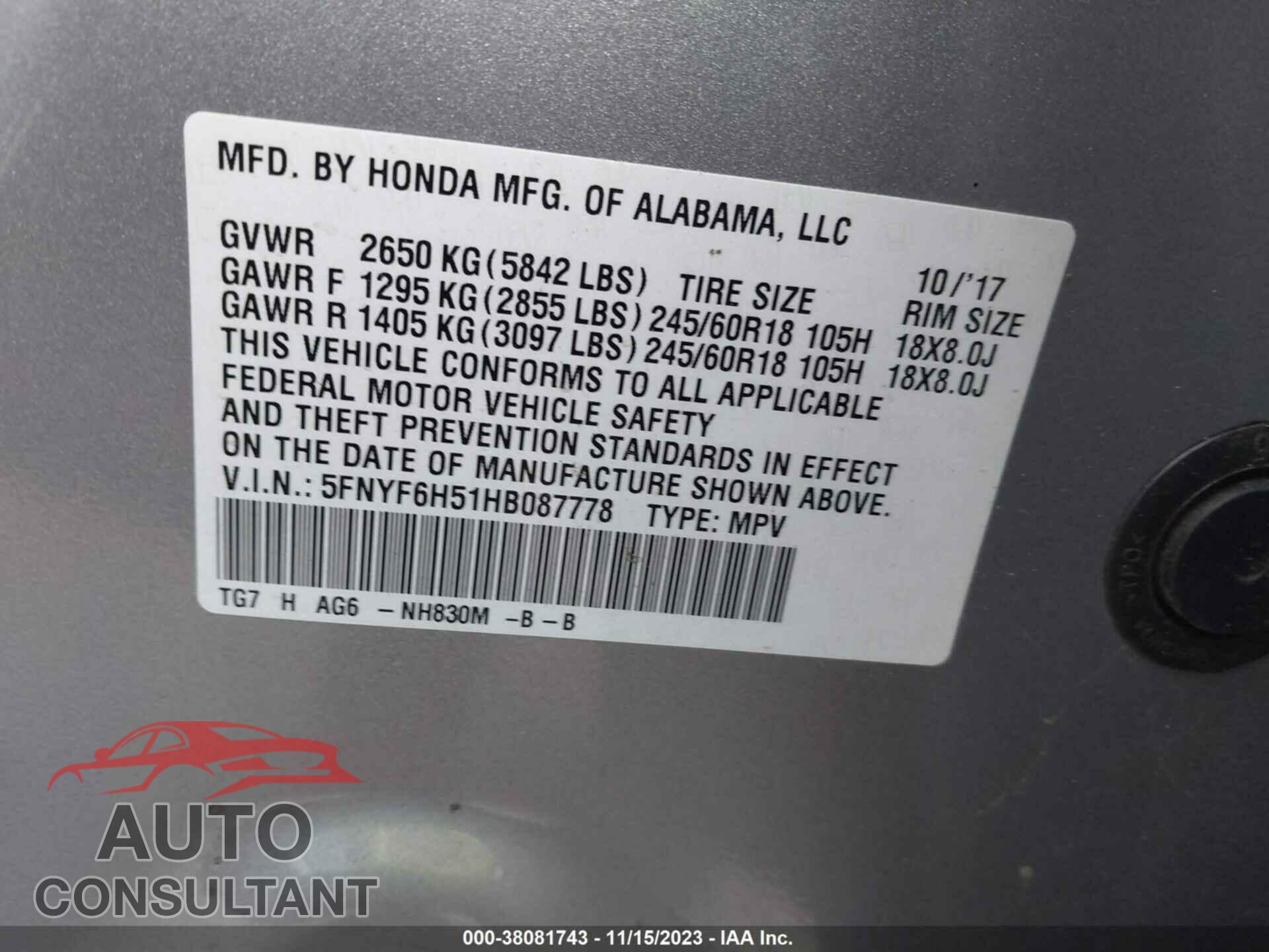 HONDA PILOT 2017 - 5FNYF6H51HB087778
