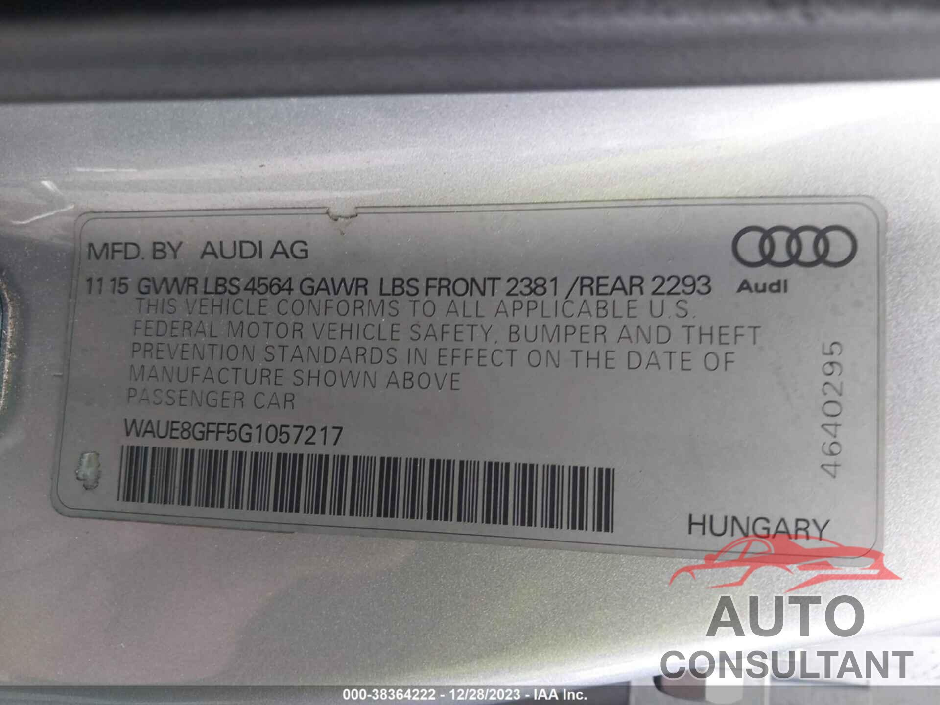 AUDI A3 2016 - WAUE8GFF5G1057217