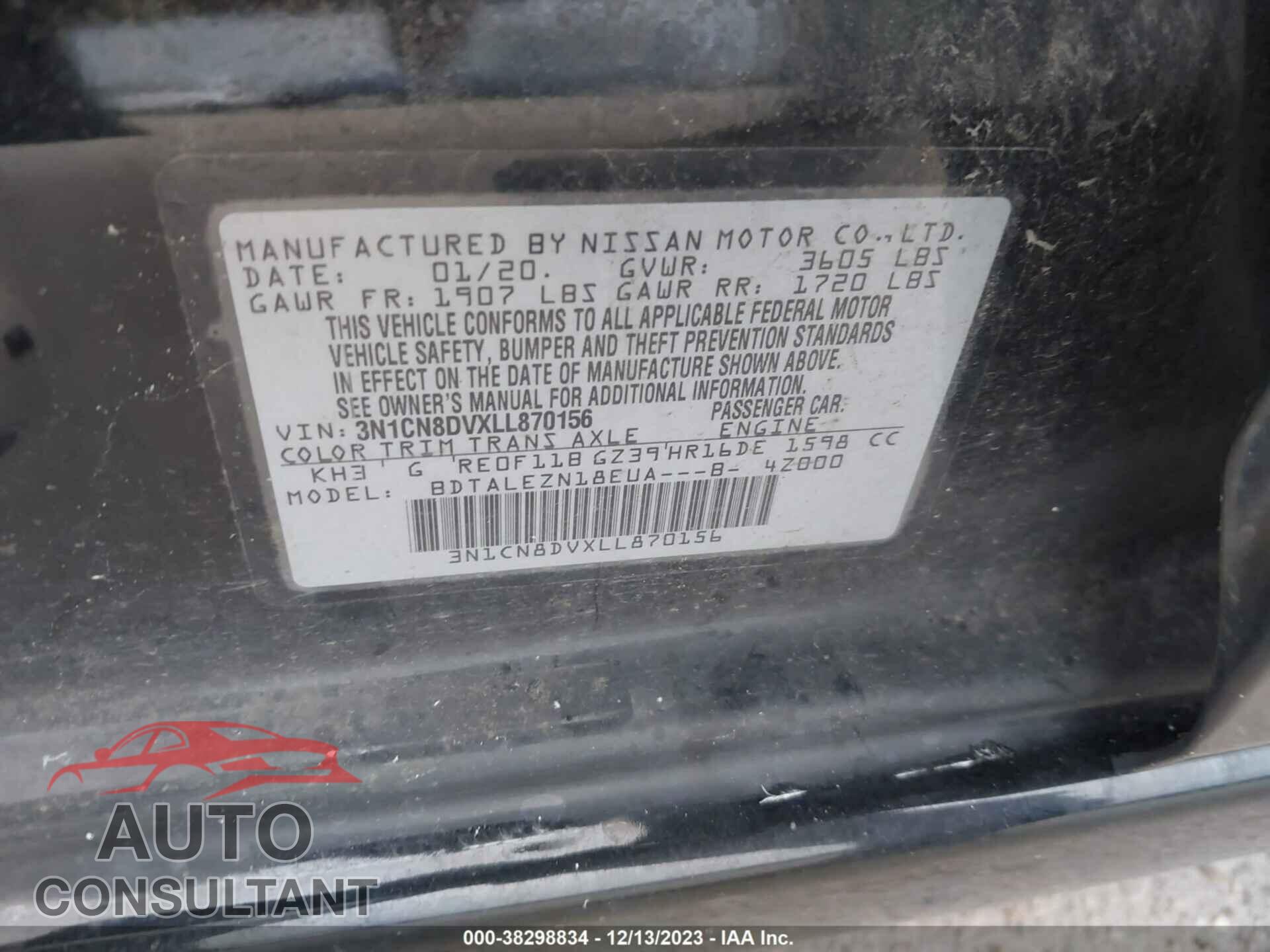 NISSAN VERSA 2020 - 3N1CN8DVXLL870156