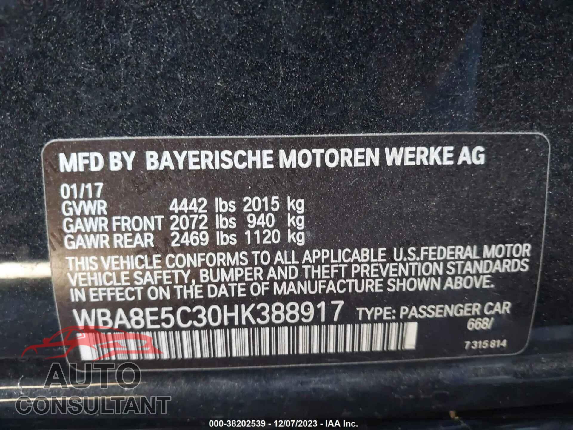 BMW 328 2017 - WBA8E5C30HK388917