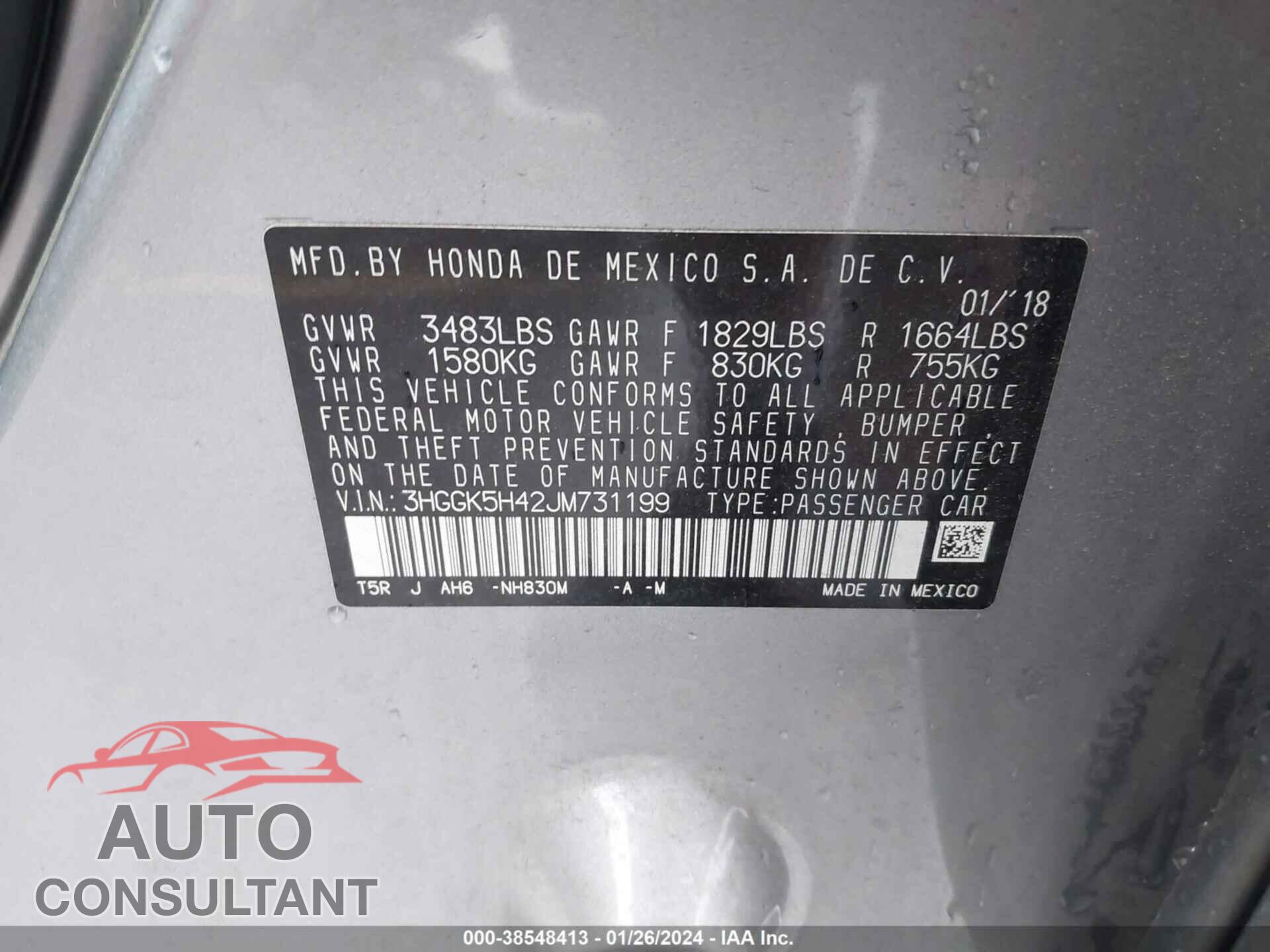 HONDA FIT 2018 - 3HGGK5H42JM731199