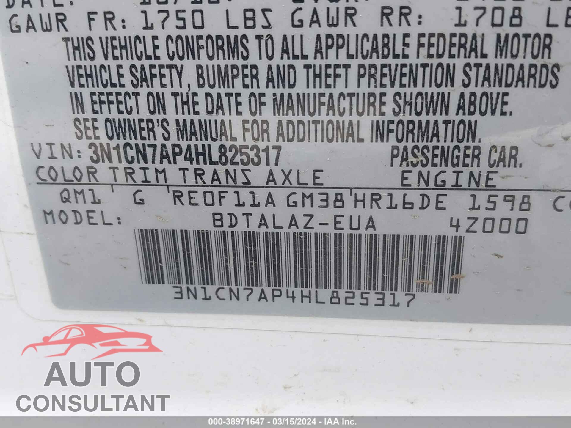 NISSAN VERSA 2017 - 3N1CN7AP4HL825317