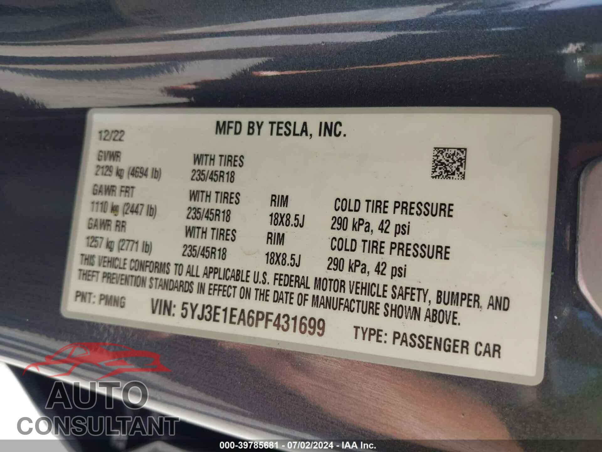 TESLA MODEL 3 2023 - 5YJ3E1EA6PF431699