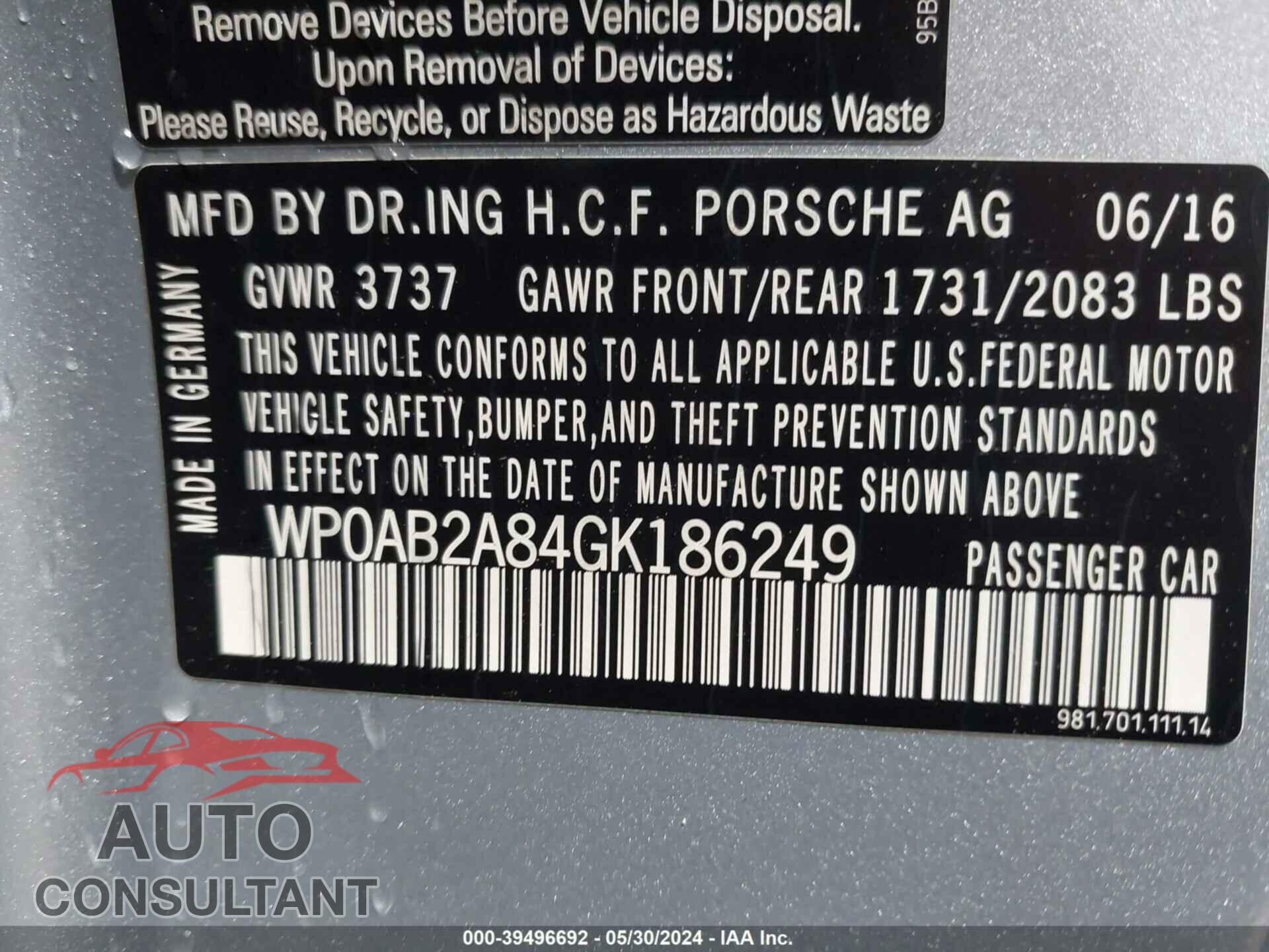 PORSCHE CAYMAN 2016 - WP0AB2A84GK186249