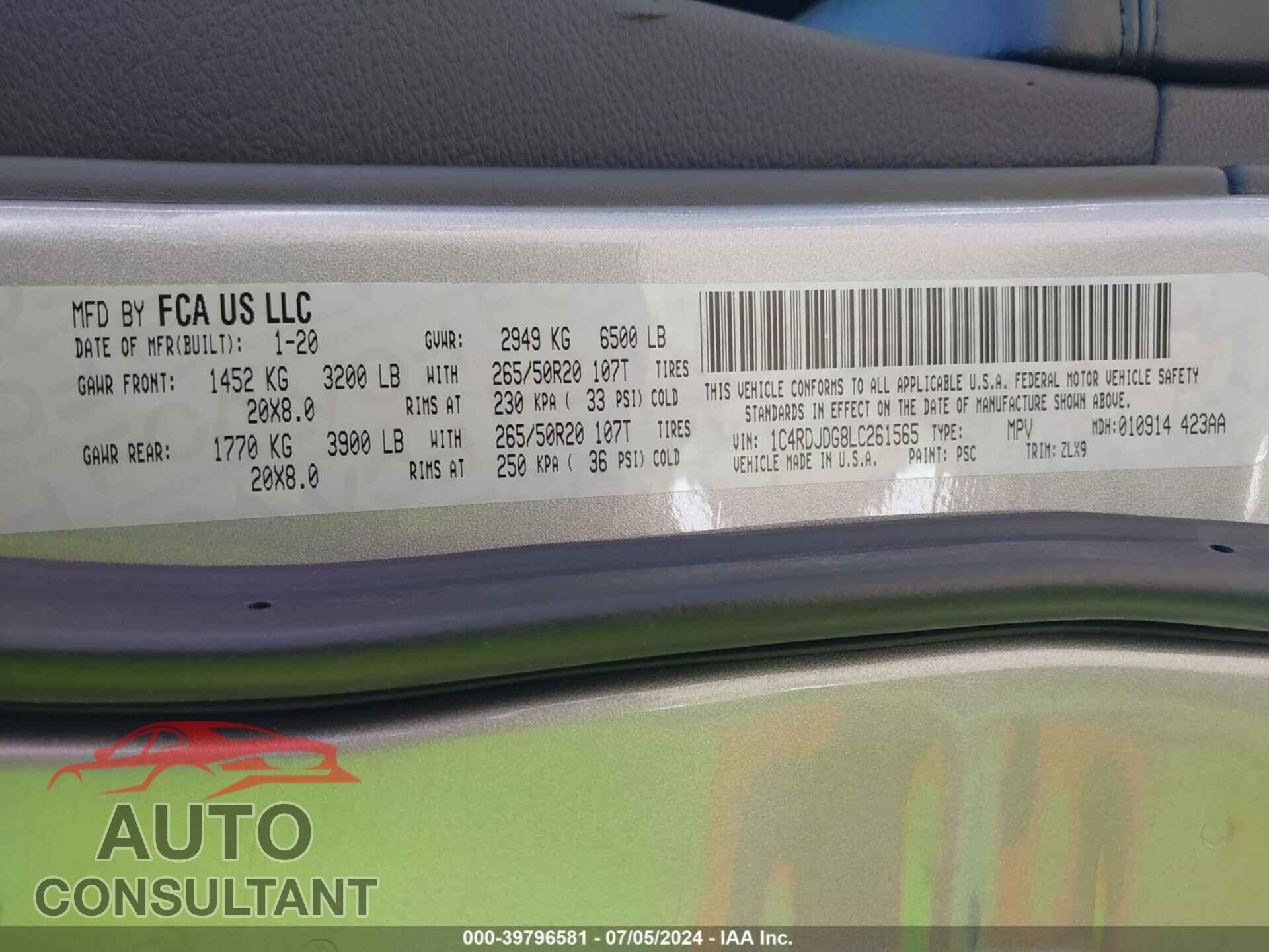 DODGE DURANGO 2020 - 1C4RDJDG8LC261565