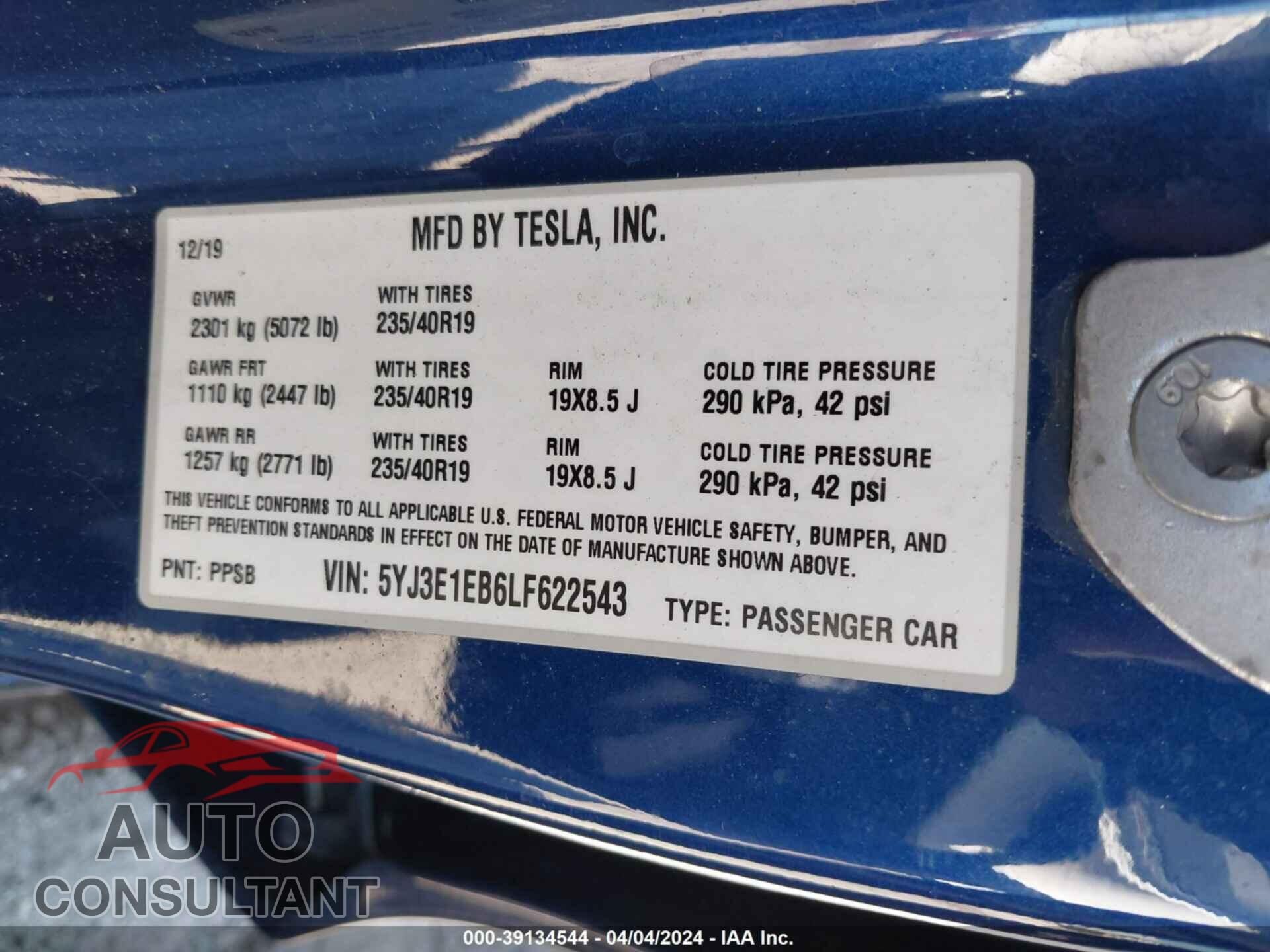 TESLA MODEL 3 2020 - 5YJ3E1EB6LF622543