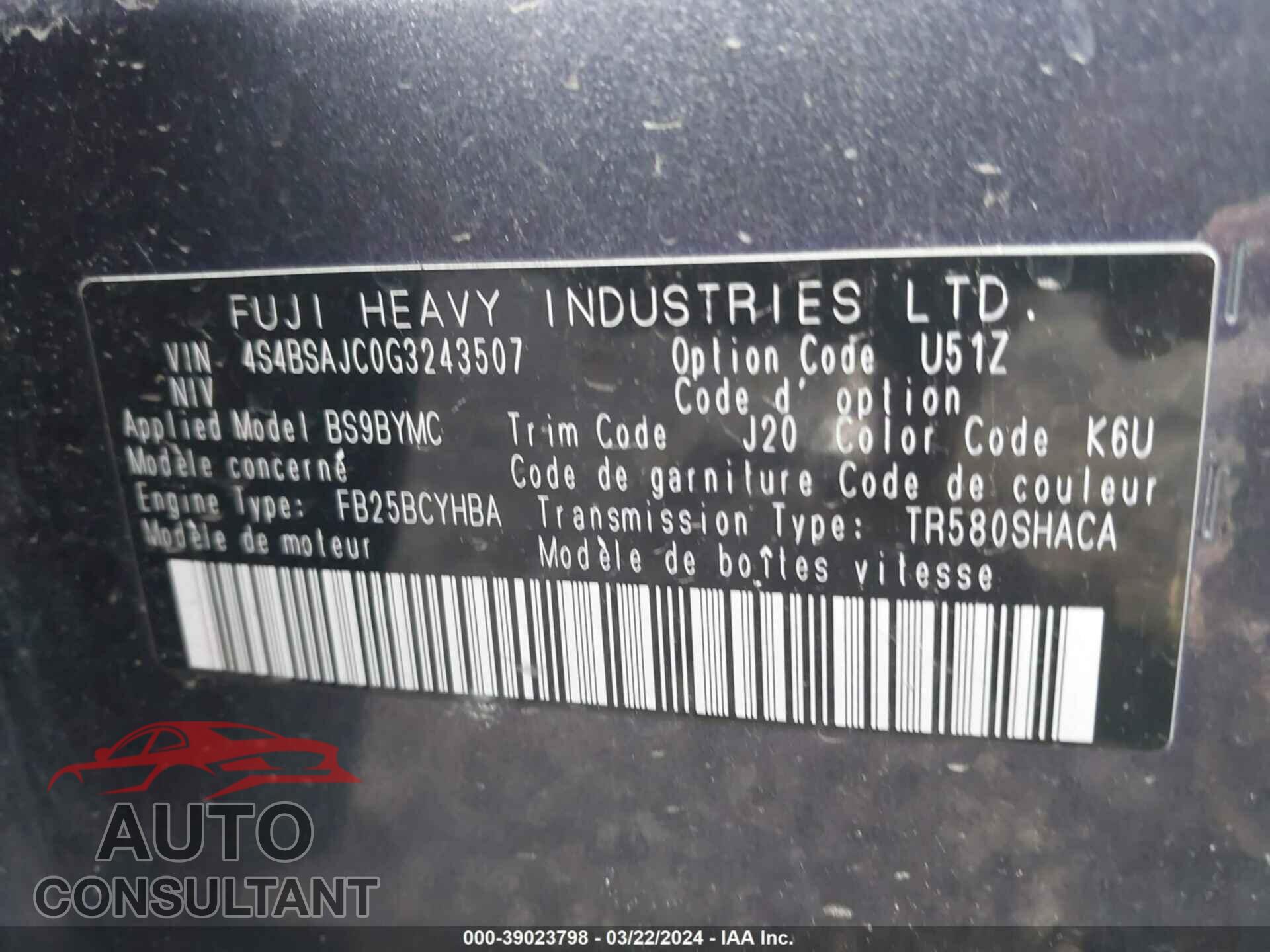 SUBARU OUTBACK 2016 - 4S4BSAJC0G3243507