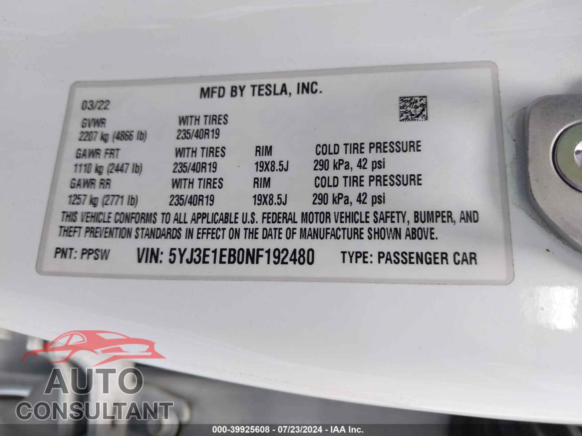 TESLA MODEL 3 2022 - 5YJ3E1EB0NF192480