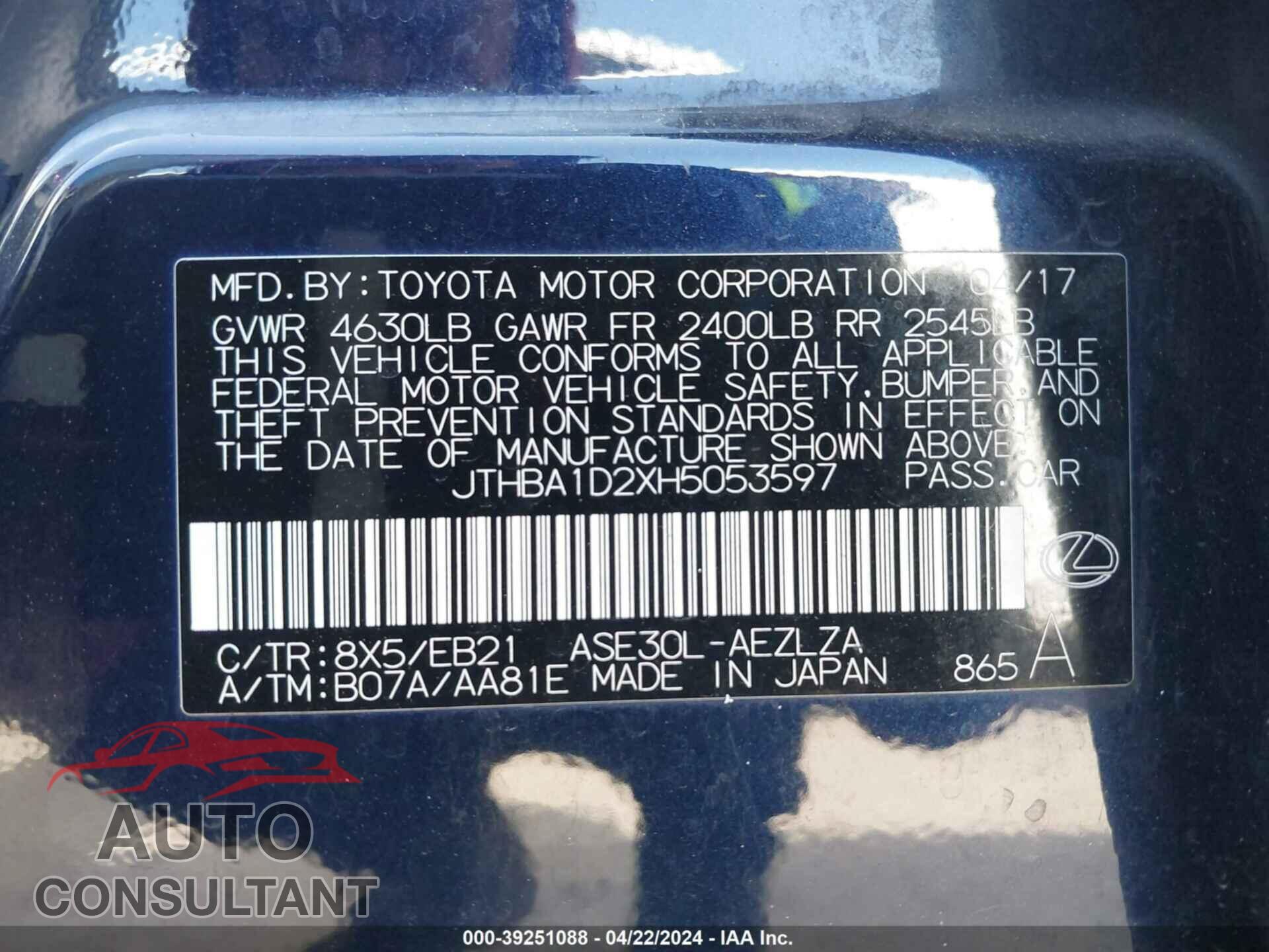 LEXUS IS 200T 2017 - JTHBA1D2XH5053597