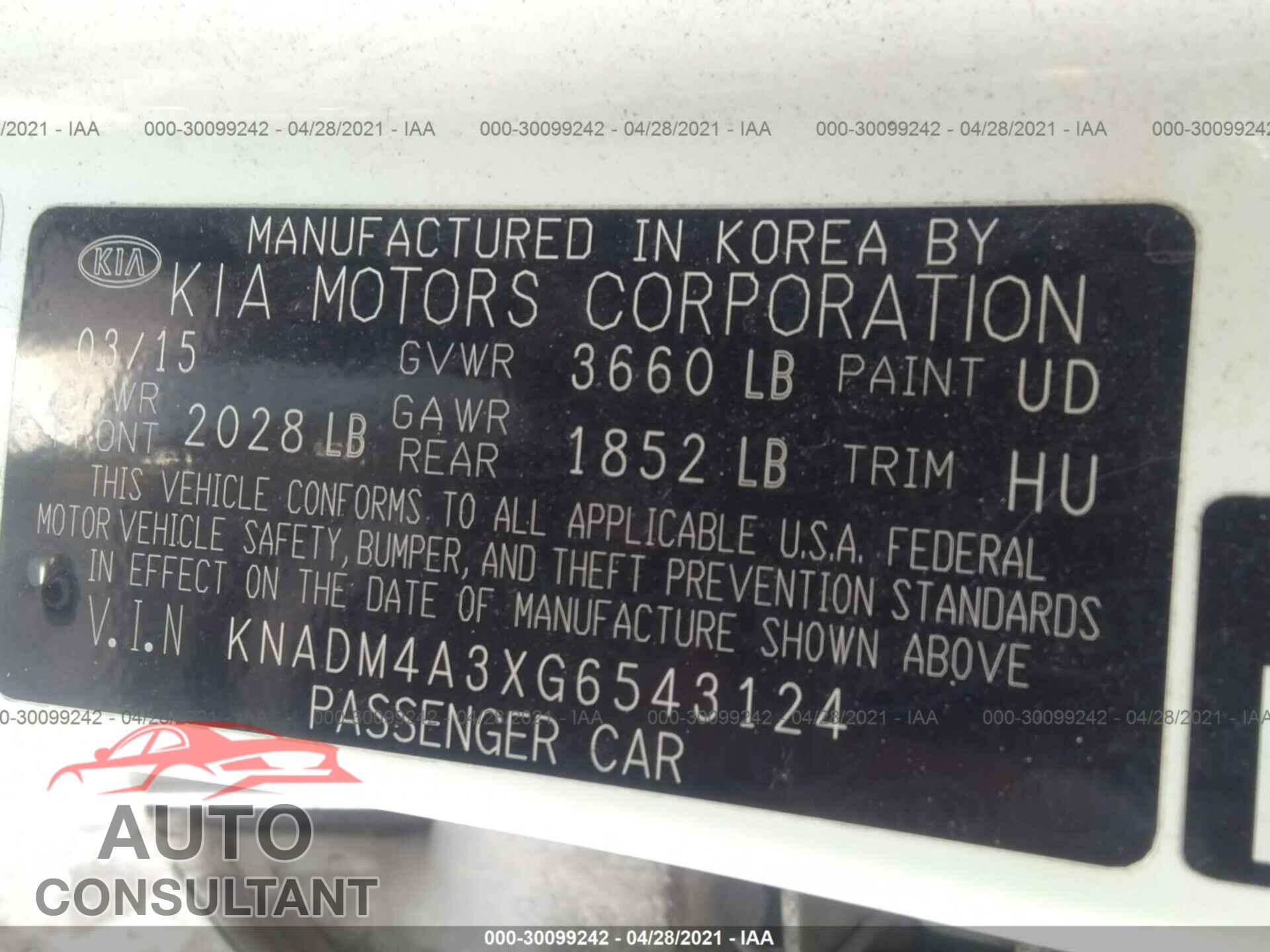 KIA RIO 2016 - KNADM4A3XG6543124