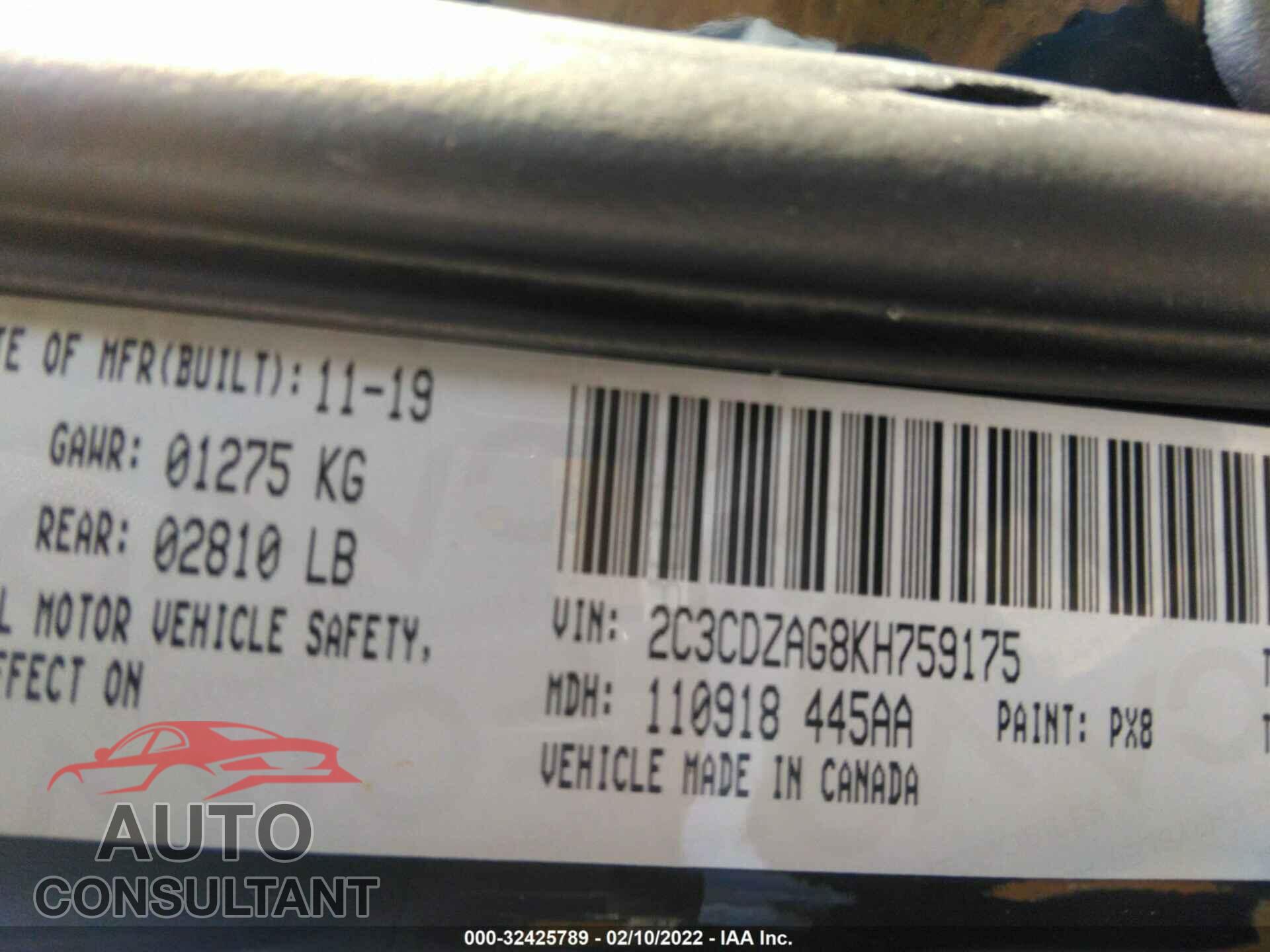 DODGE CHALLENGER 2019 - 2C3CDZAG8KH759175