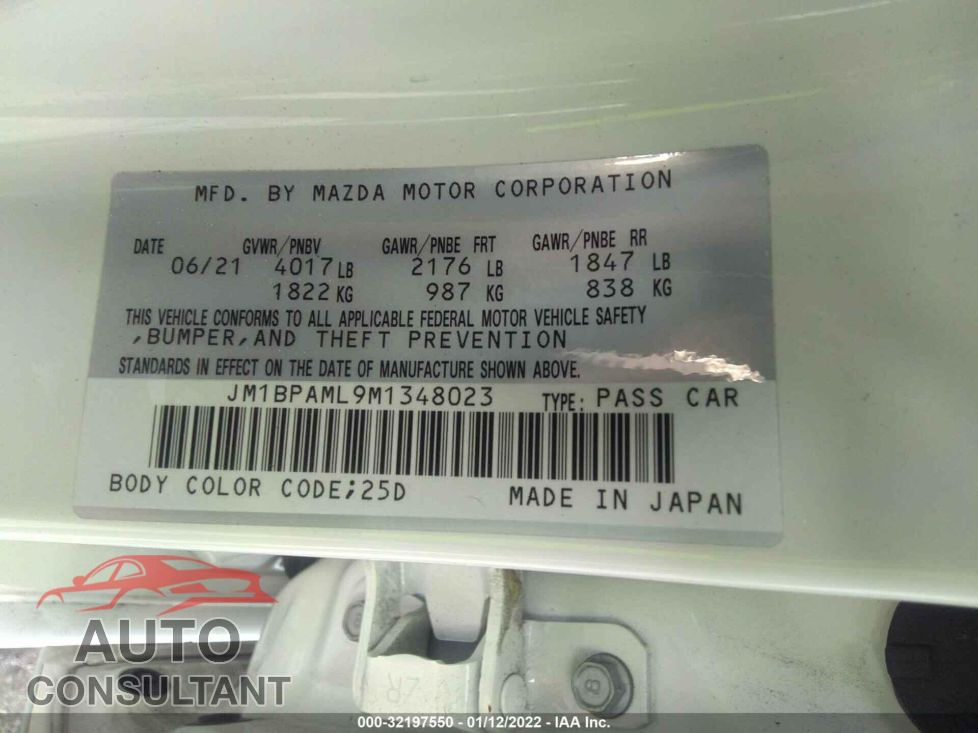 MAZDA MAZDA3 HATCHBACK 2021 - JM1BPAML9M1348023