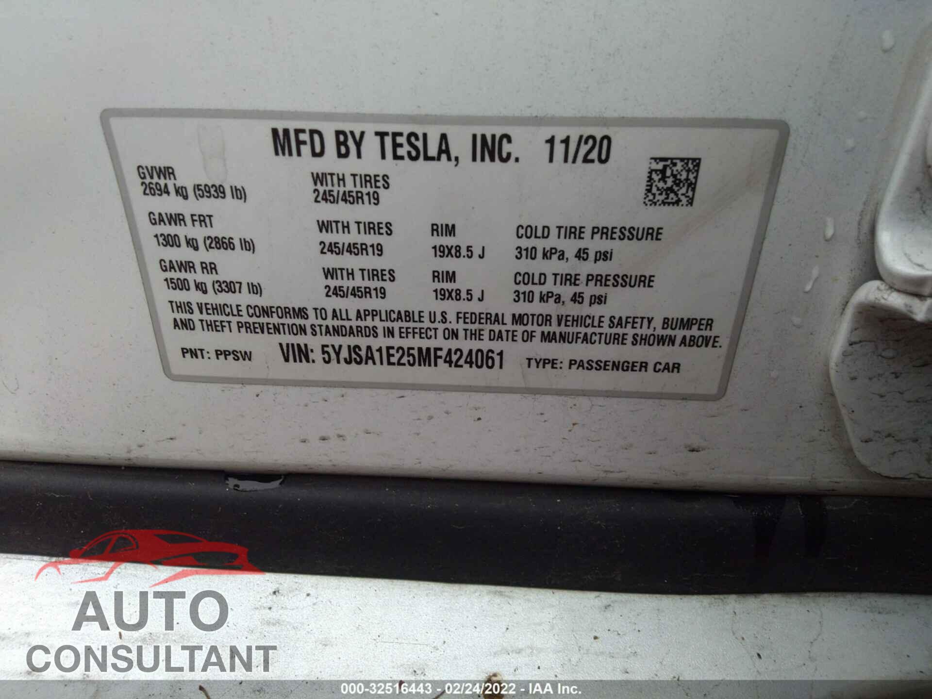 TESLA MODEL S 2021 - 5YJSA1E25MF424061