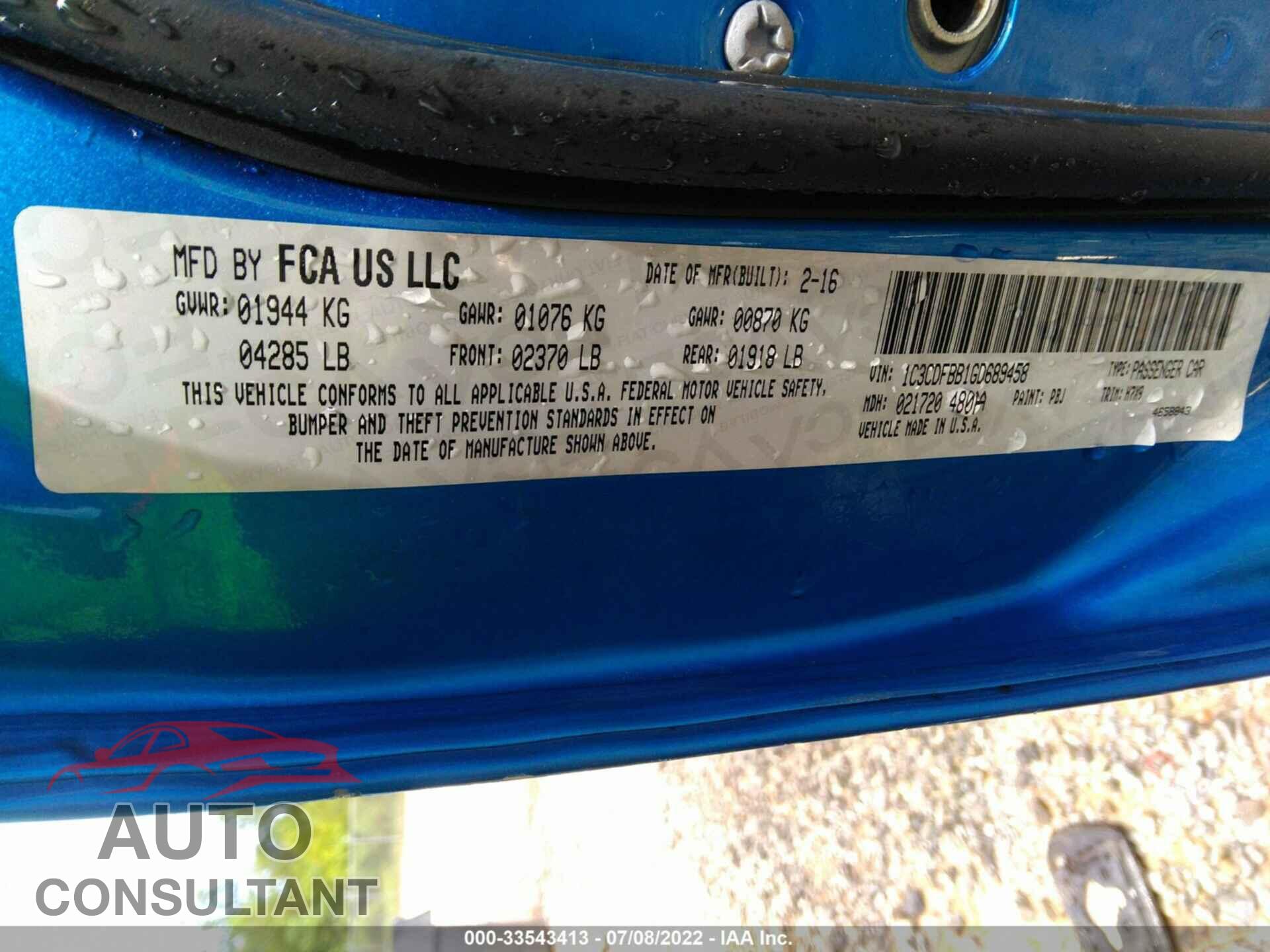 DODGE DART 2016 - 1C3CDFBB1GD689458