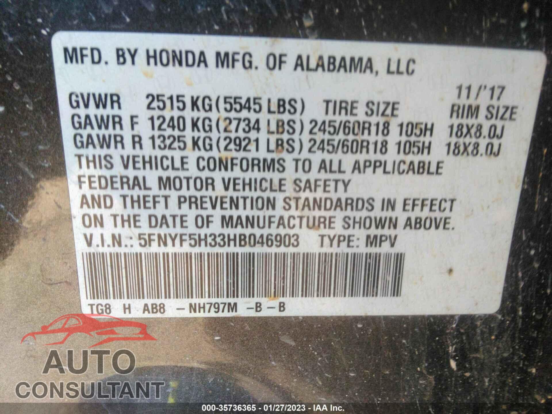 HONDA PILOT 2017 - 5FNYF5H33HB046903