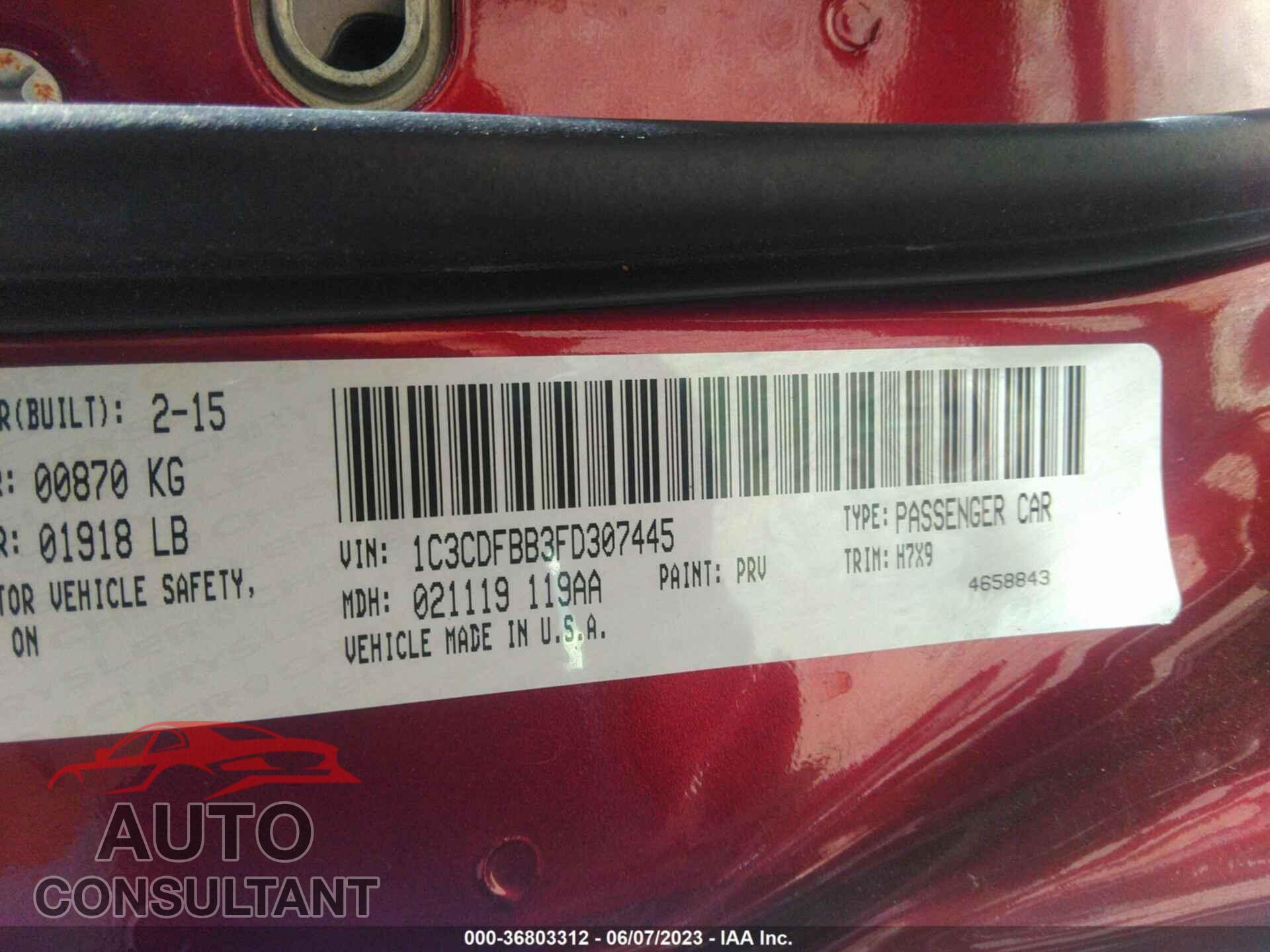 DODGE DART 2015 - 1C3CDFBB3FD307445