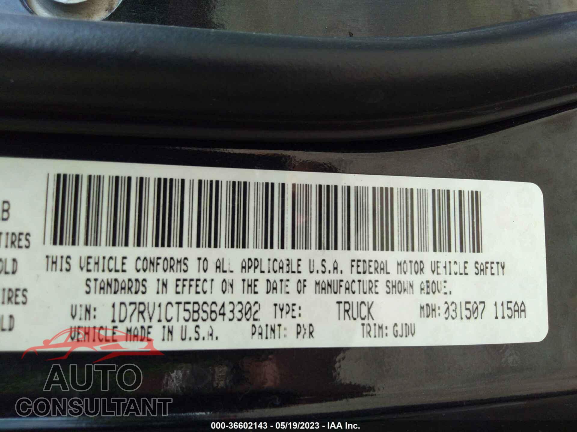 RAM 1500 2011 - 1D7RV1CT5BS643302