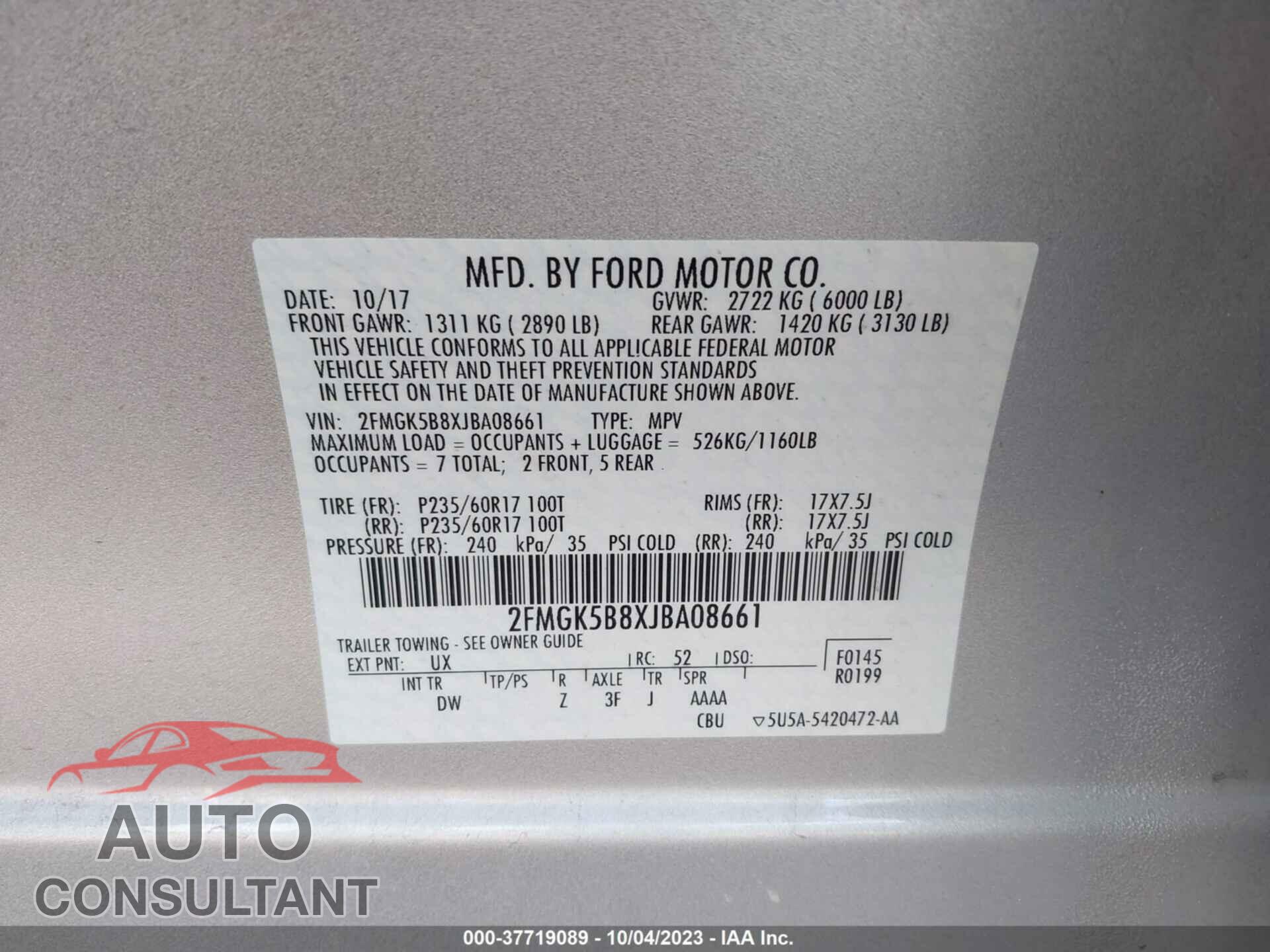 FORD FLEX 2018 - 2FMGK5B8XJBA08661
