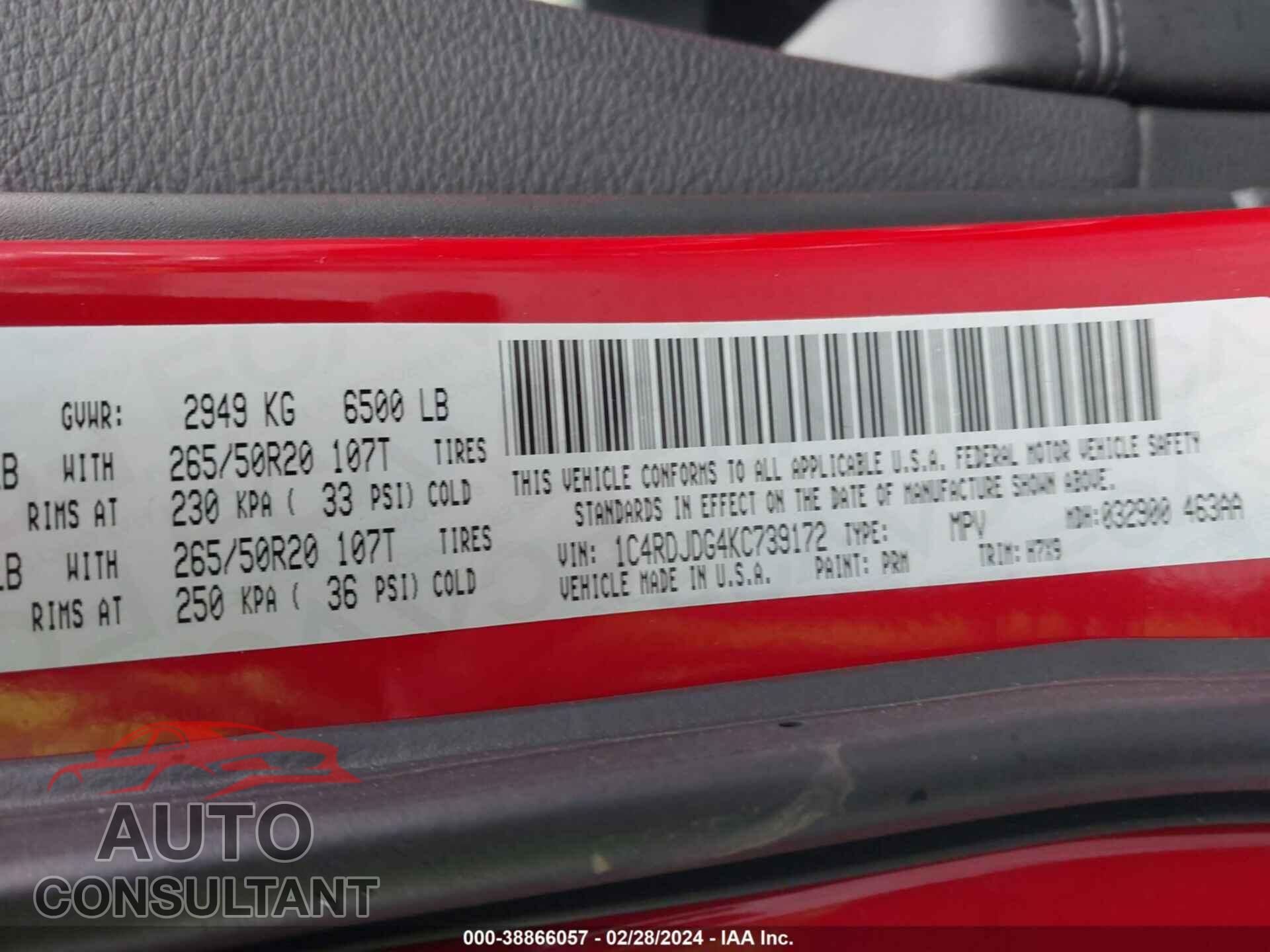 DODGE DURANGO 2019 - 1C4RDJDG4KC739172