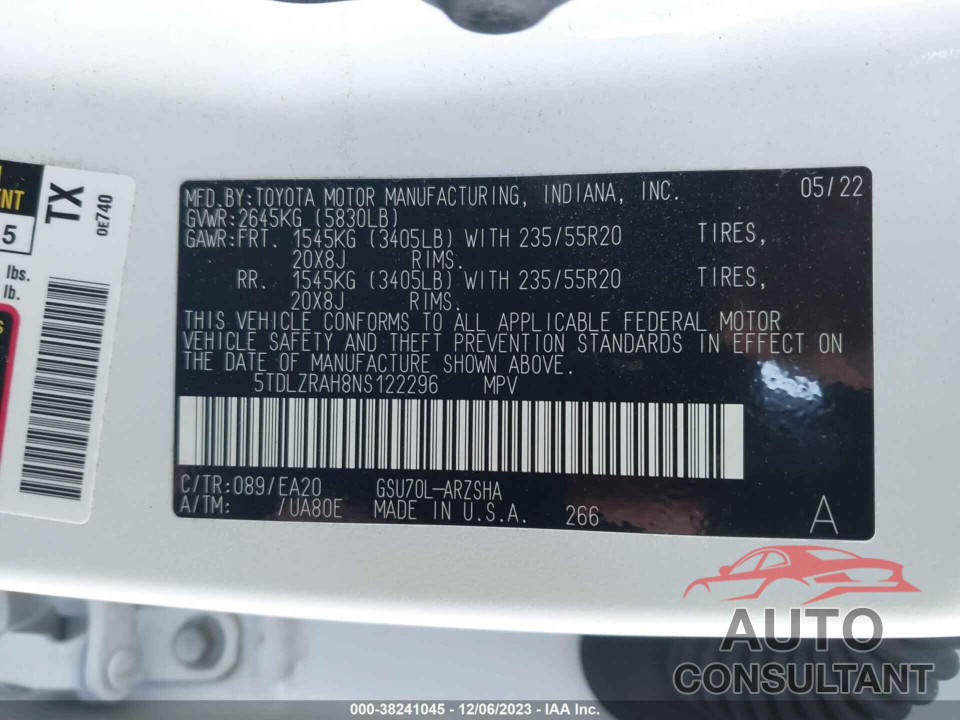 TOYOTA HIGHLANDER 2022 - 5TDLZRAH8NS122296